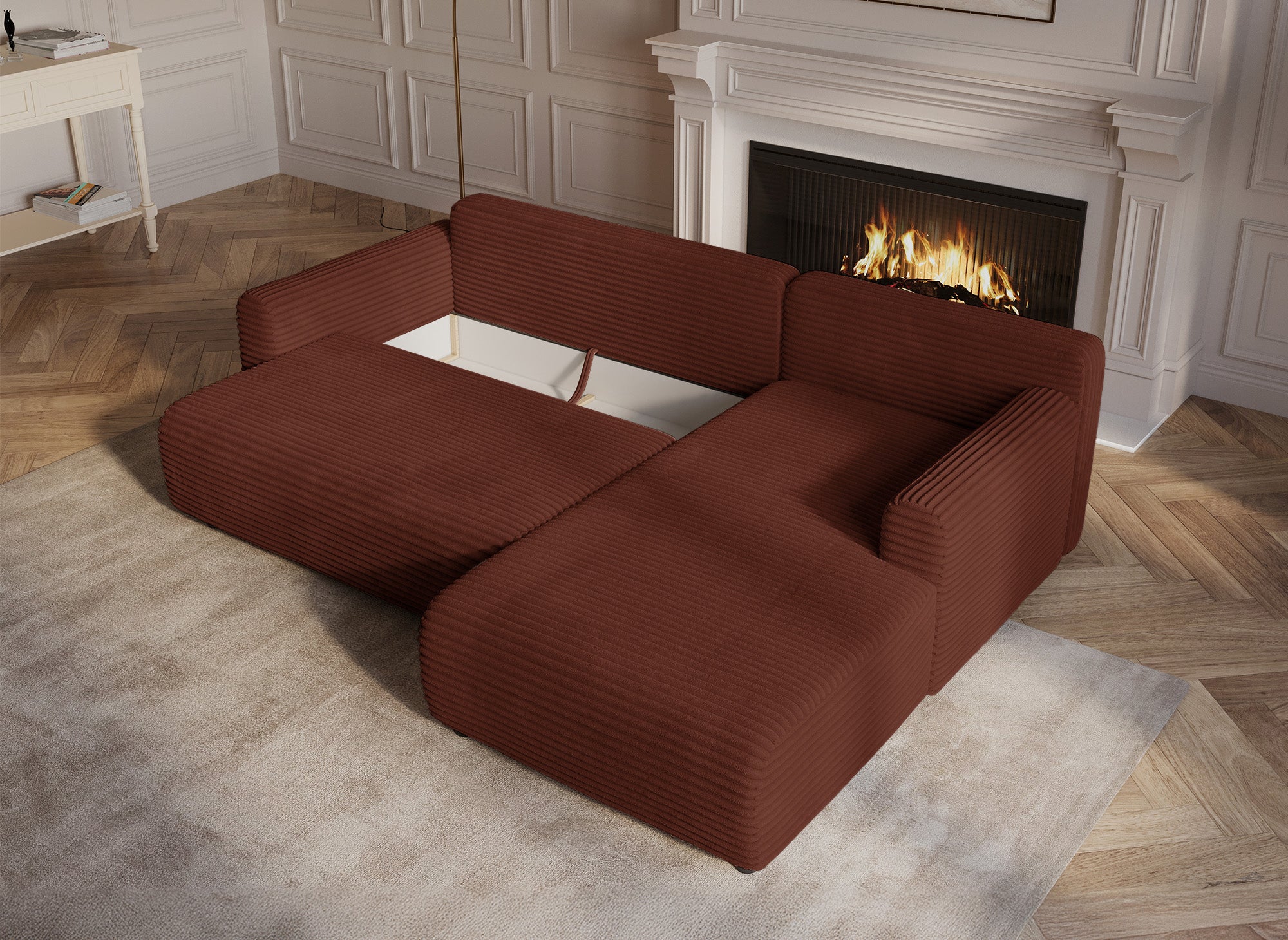 Sofá esquinero reversible y convertible KATIA con almacenaje en pana gruesa color terracota