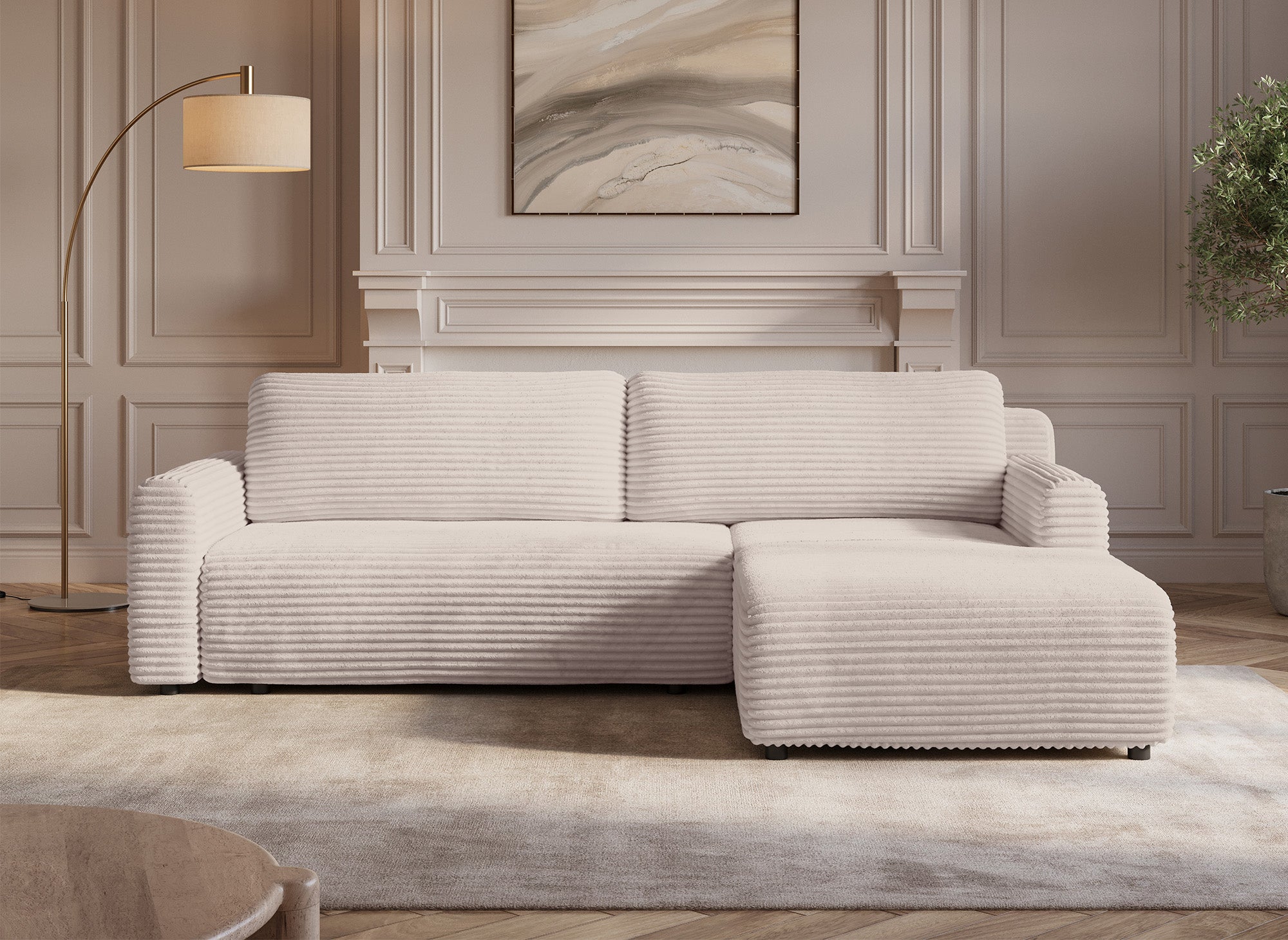 Sofá esquinero reversible y convertible KATIA con almacenaje en pana gruesa color beige