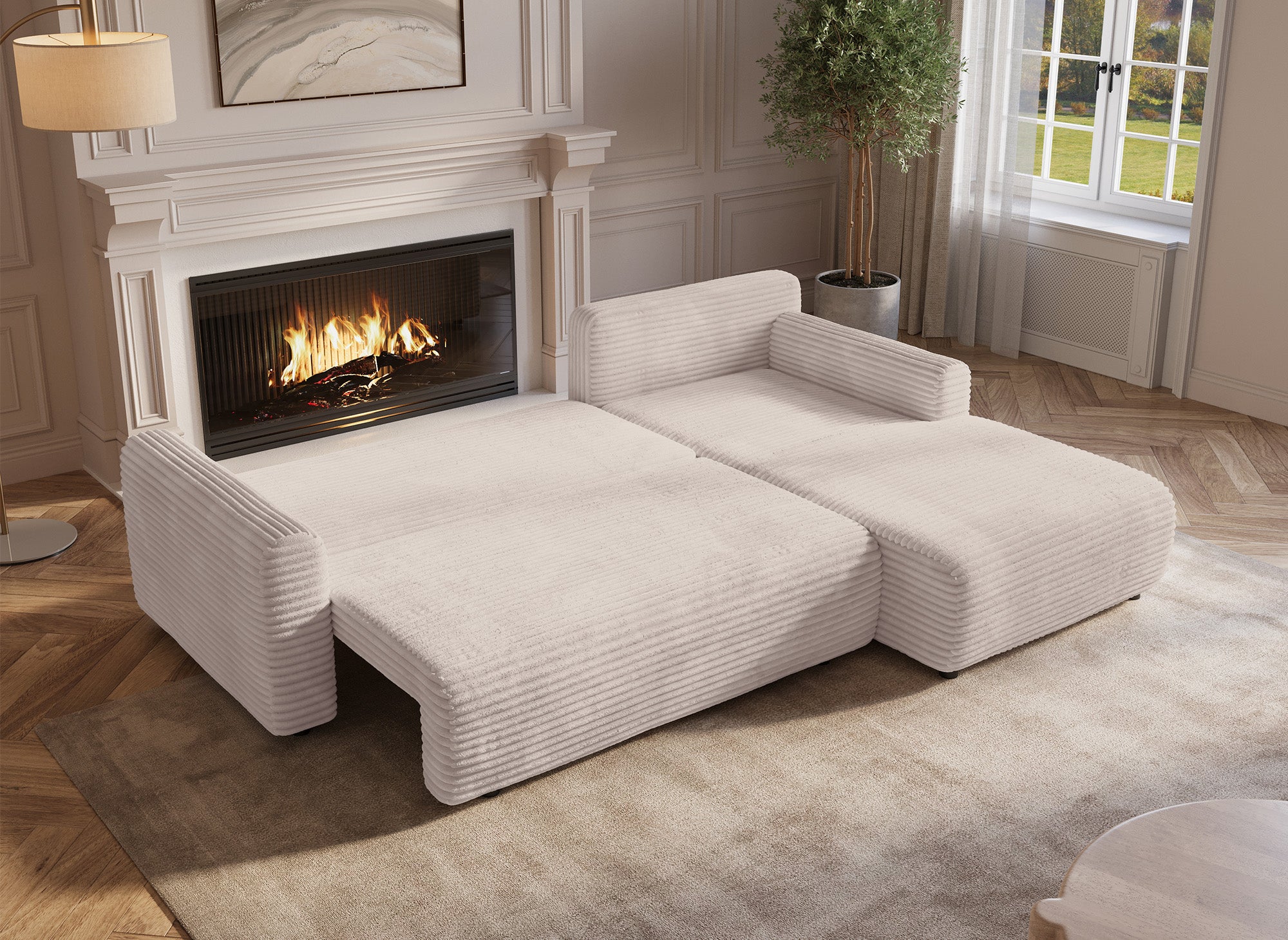 Sofá esquinero reversible y convertible KATIA con almacenaje en pana gruesa color beige