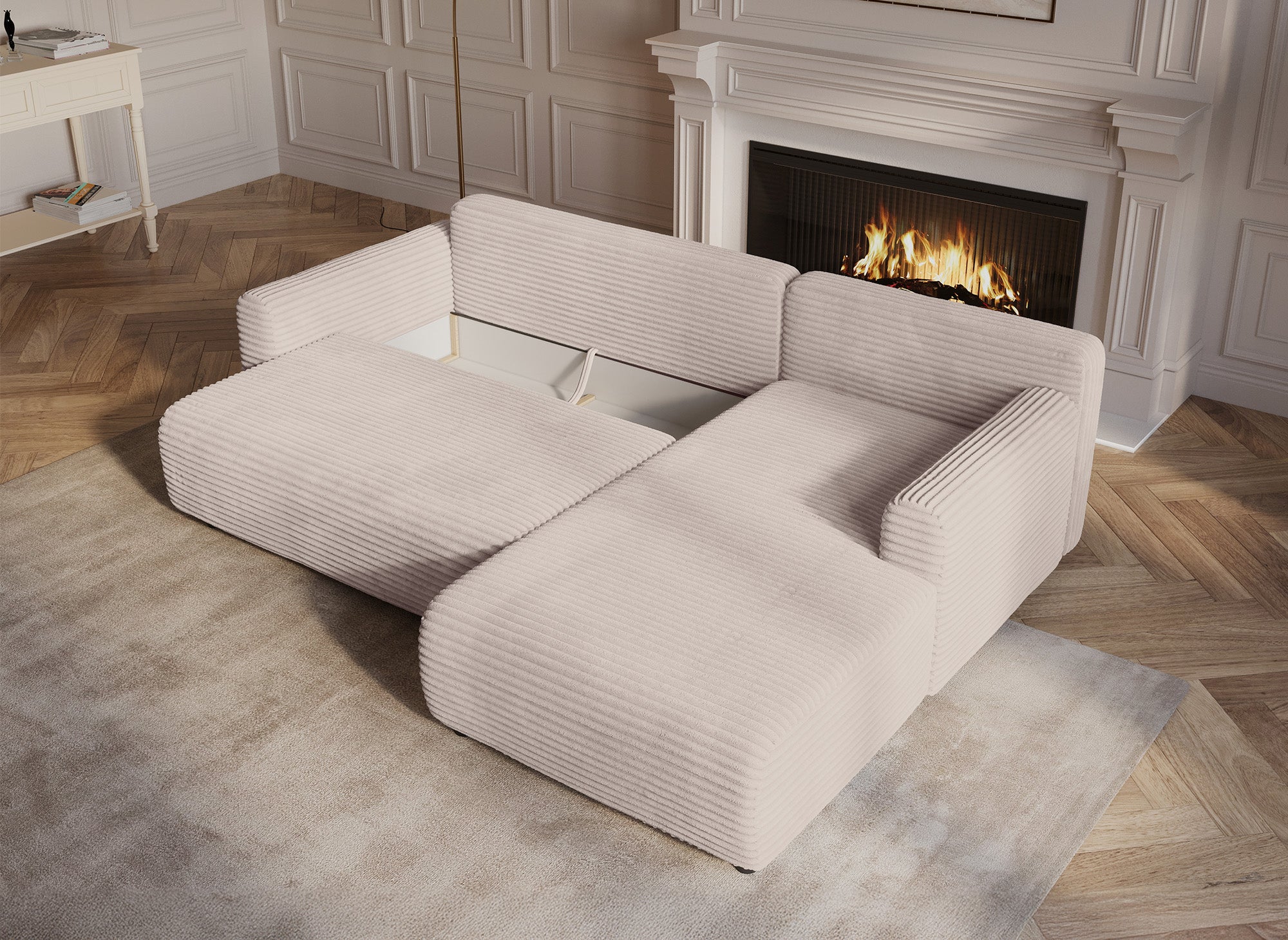 Sofá esquinero reversible y convertible KATIA con almacenaje en pana gruesa color beige