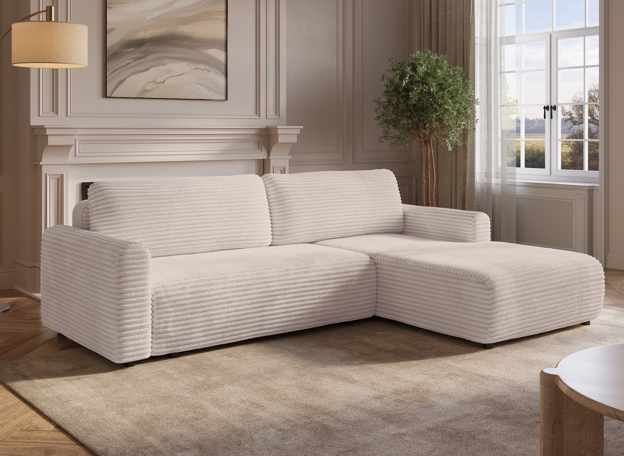 Sofá esquinero reversible y convertible KATIA con almacenaje en pana gruesa color beige