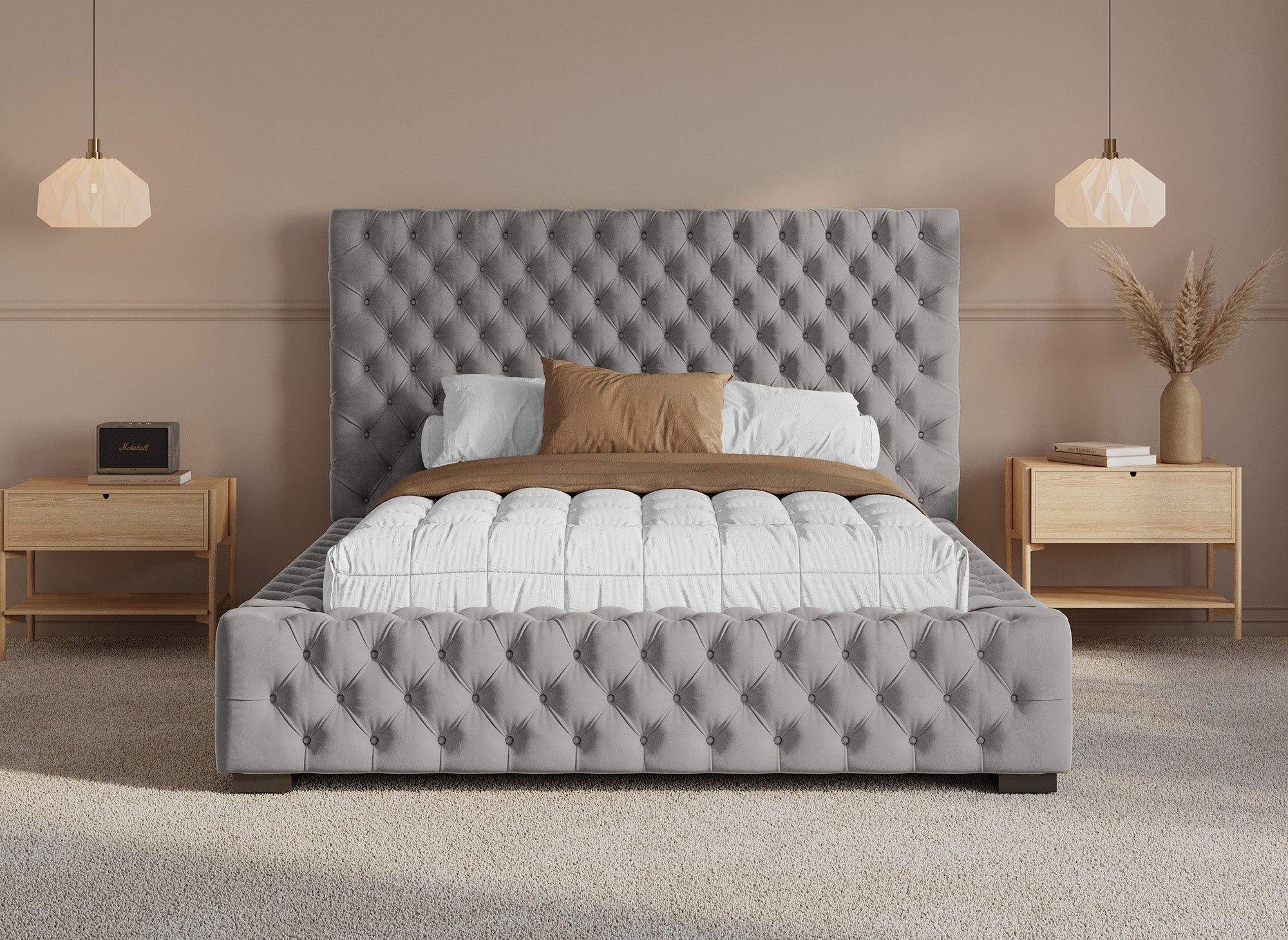 Cama tapizada con almacenaje IDALINE de 140 x 190 cm en terciopelo gris