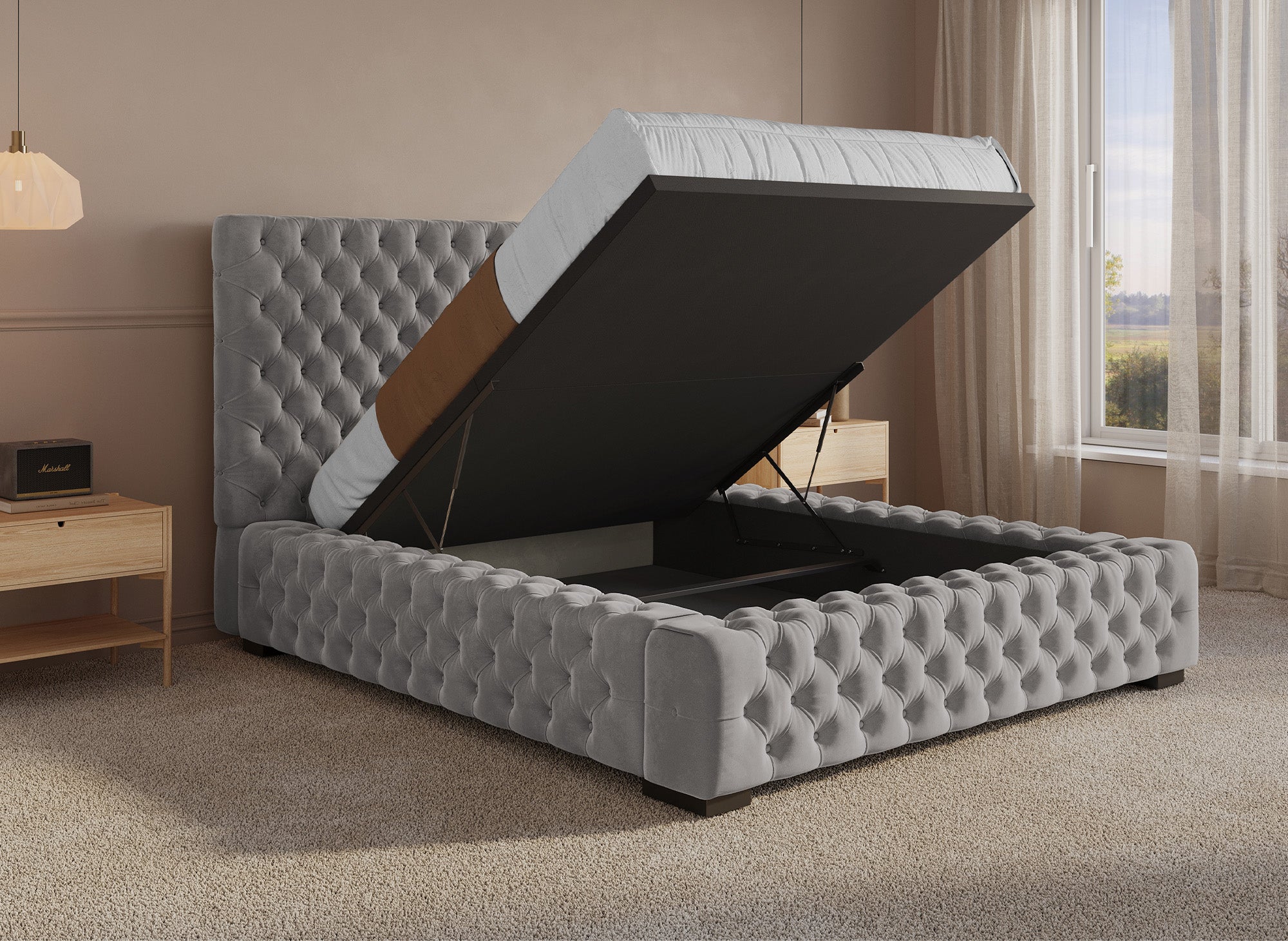 Cama tapizada con almacenaje IDALINE de 140 x 190 cm en terciopelo gris