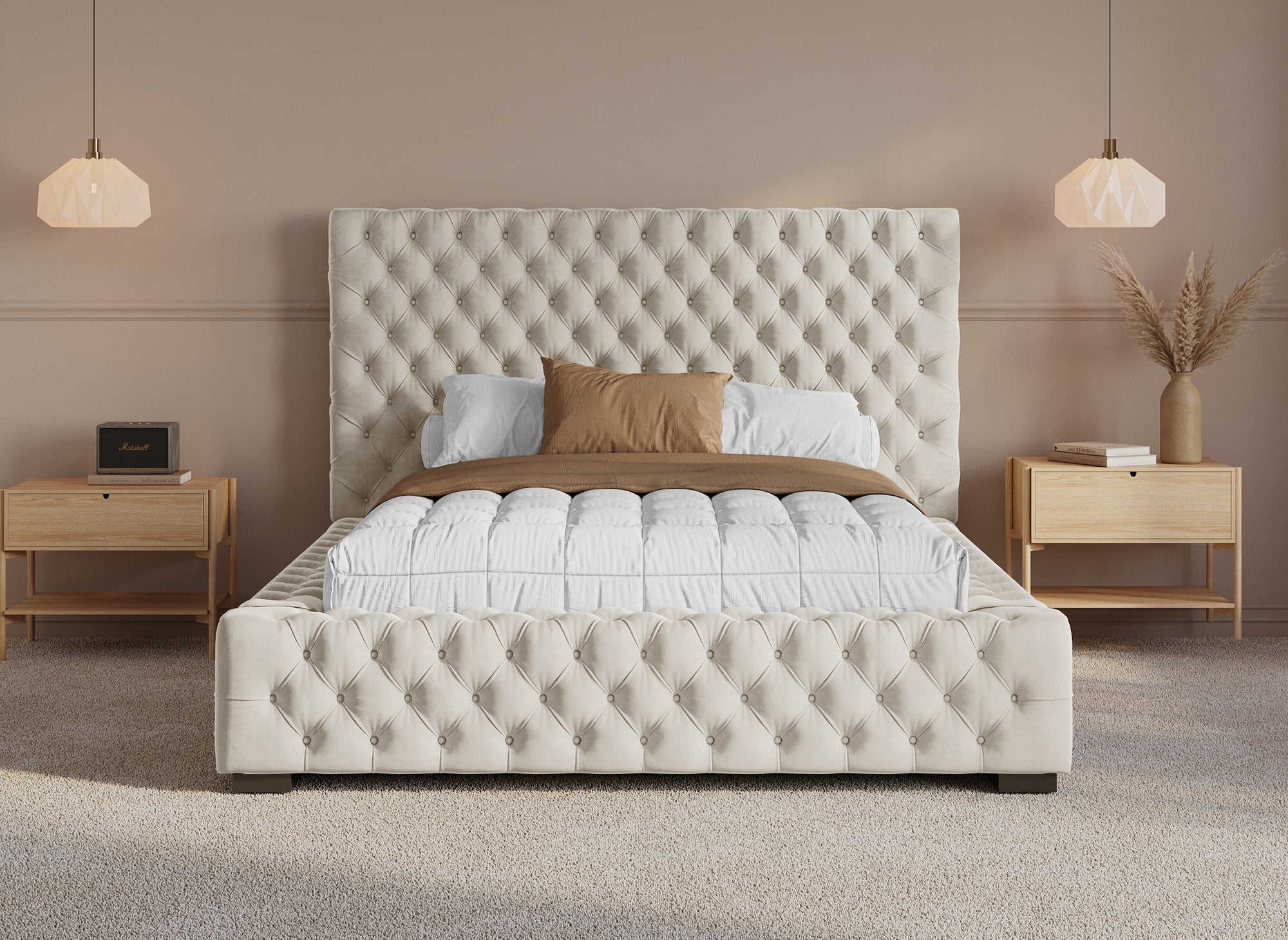 Cama con almacenaje tapizada IDALINE de 140 x 190 cm en terciopelo beige