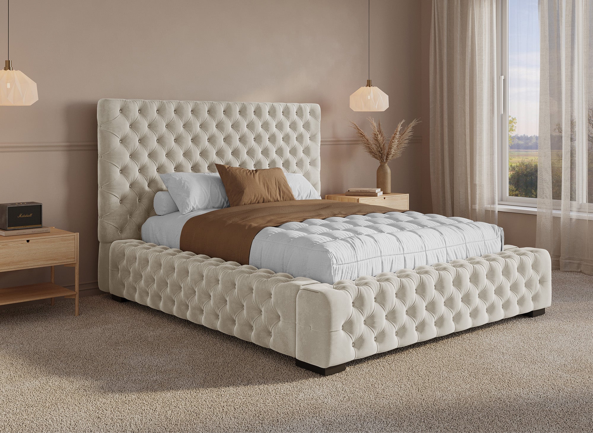 Cama con almacenaje tapizada IDALINE de 140 x 190 cm en terciopelo beige
