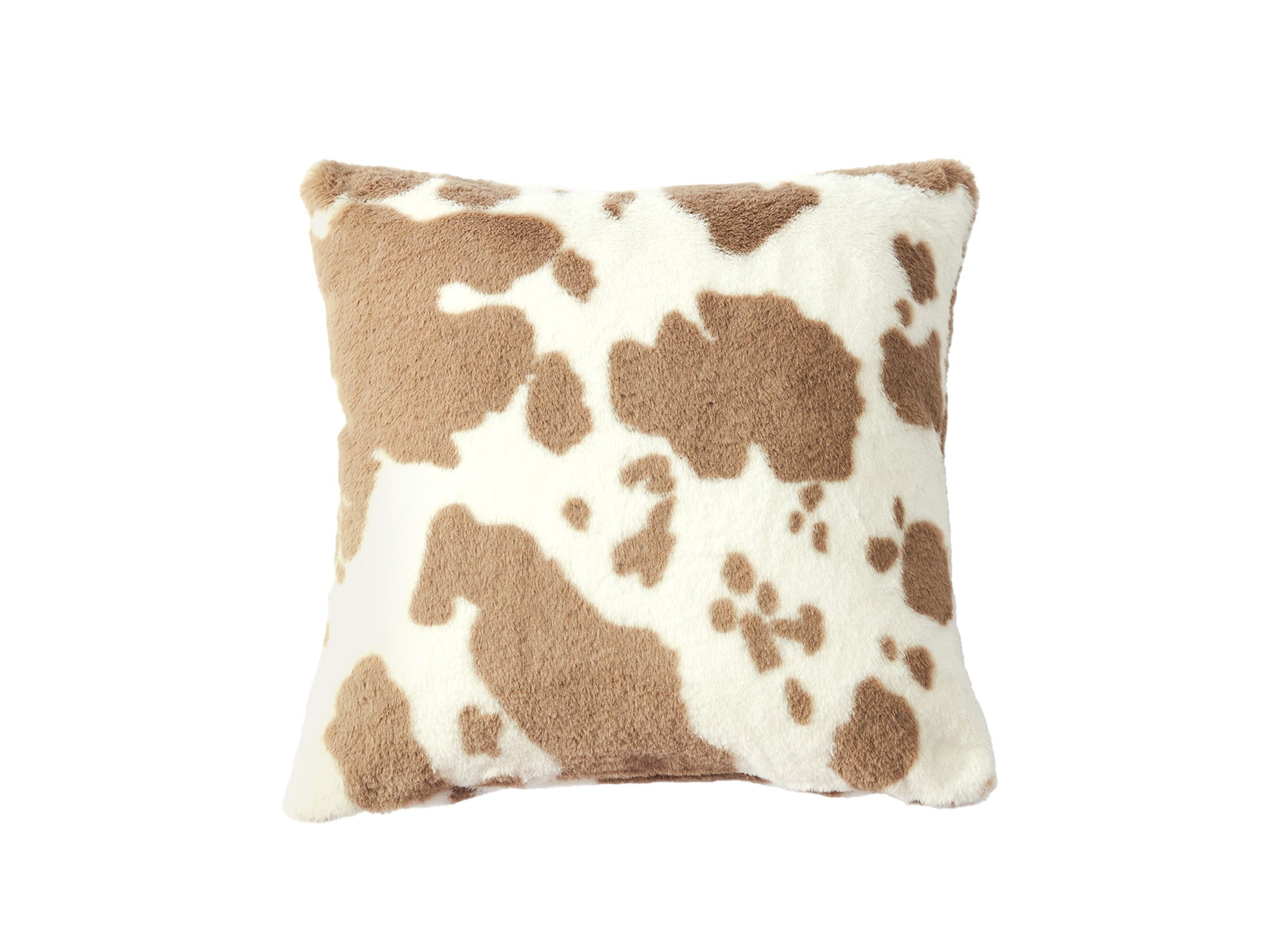 Cojín cuadrado SAKINA de 45x45 cm en tejido de pelo con efecto piel de vaca en color topo y blanco.