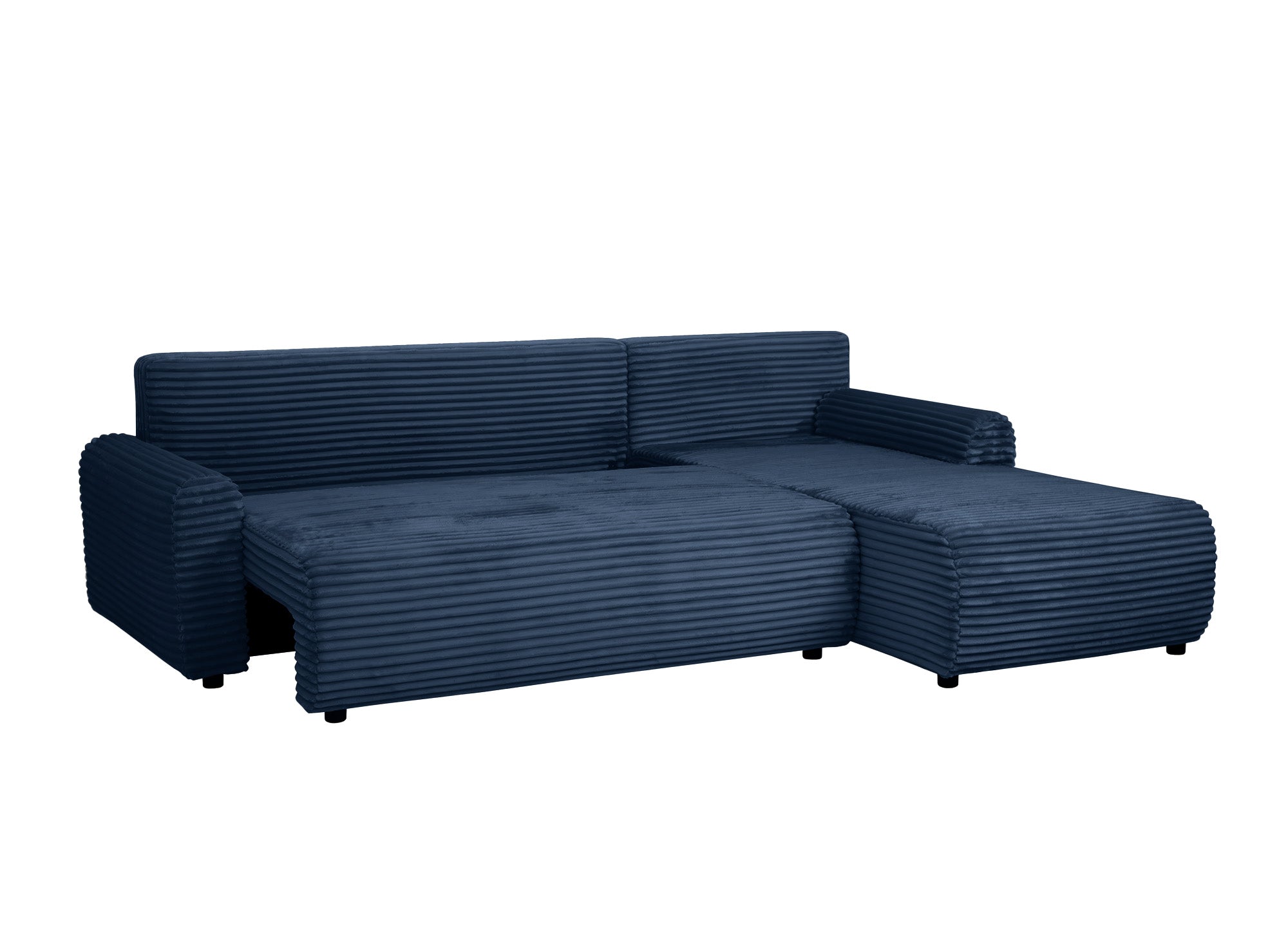 Sofá esquinero reversible y convertible KATIA con almacenaje en pana gruesa azul oscuro