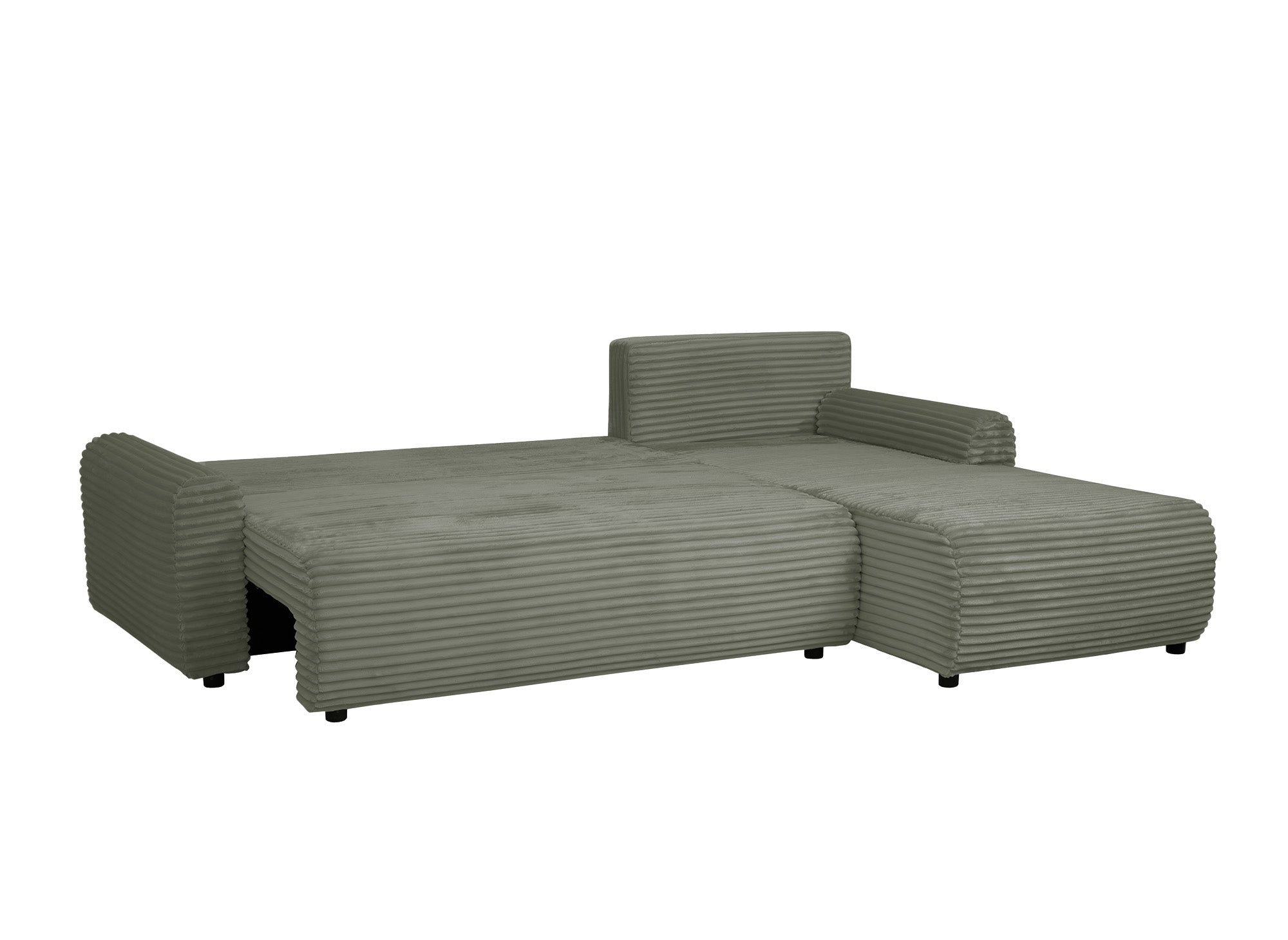 Sofá esquinero reversible y convertible KATIA con almacenaje en pana gruesa verde caqui.