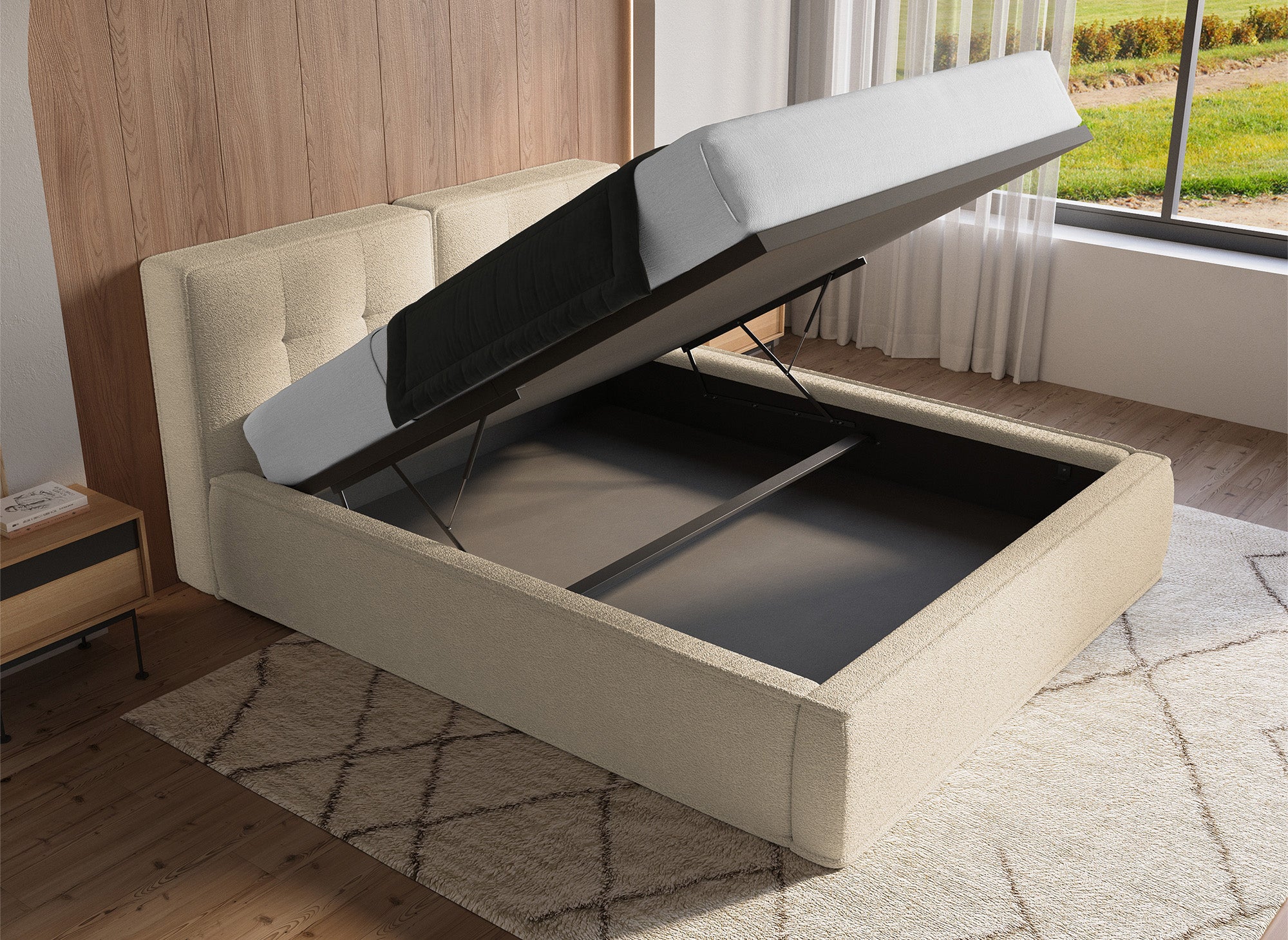 YUNA Cama contenedor de tela bouclé beige 180x200 cm