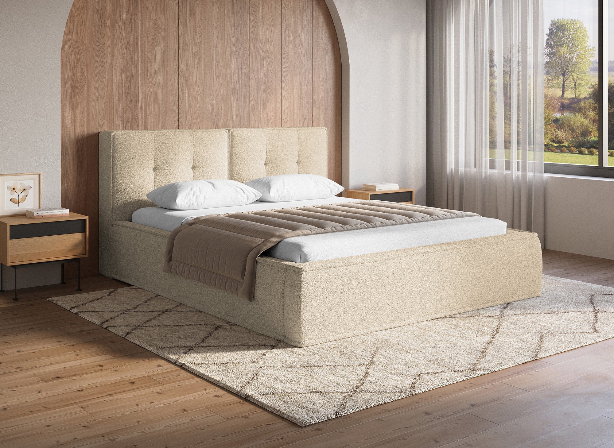 Cama doble YUNA de tejido bouclé beige 160x200cm