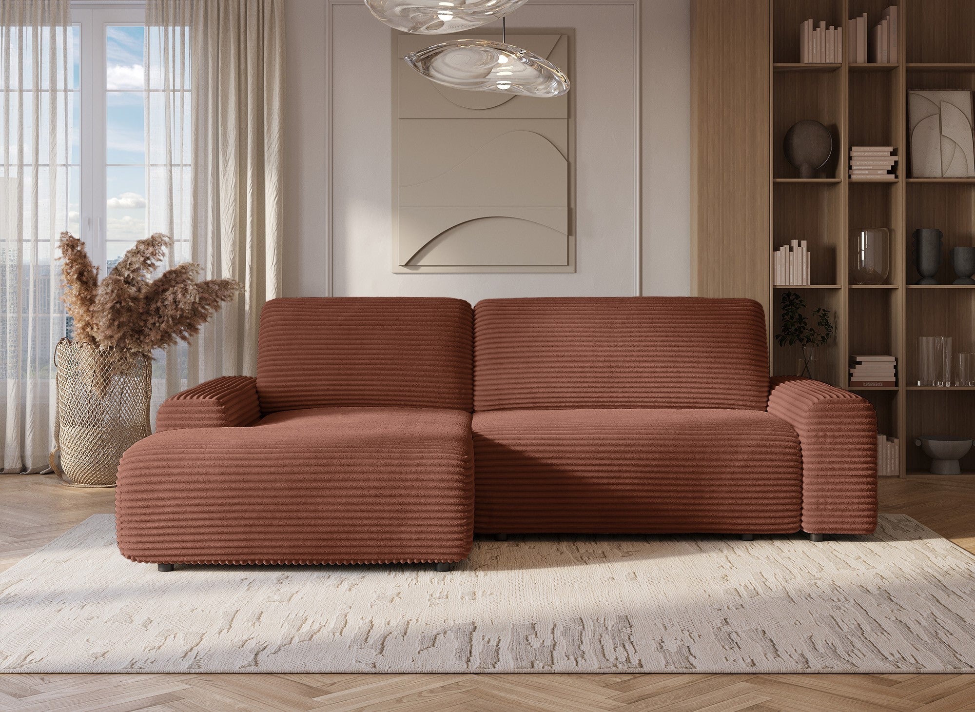 Sofá cama esquinero izquierdo BALI con almacenaje en pana gruesa color terracota - Esquinero izquierdo