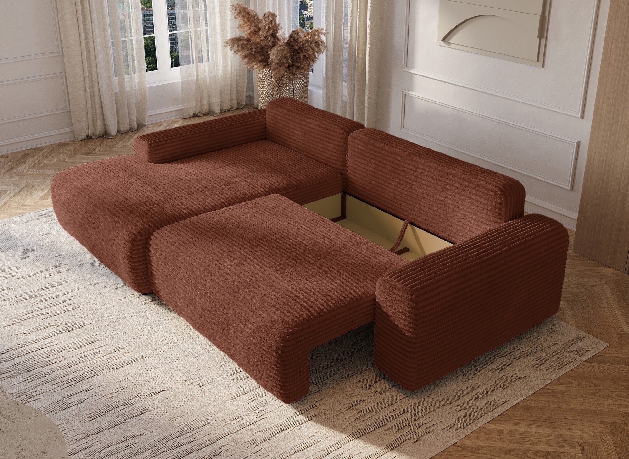 Sofá cama esquinero izquierdo BALI con almacenaje en pana gruesa color terracota - Esquinero izquierdo