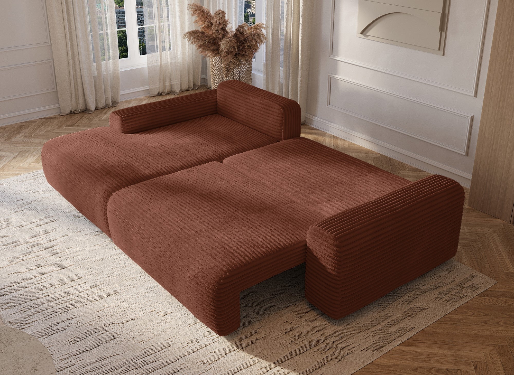 Sofá cama esquinero izquierdo BALI con almacenaje en pana gruesa color terracota - Esquinero izquierdo