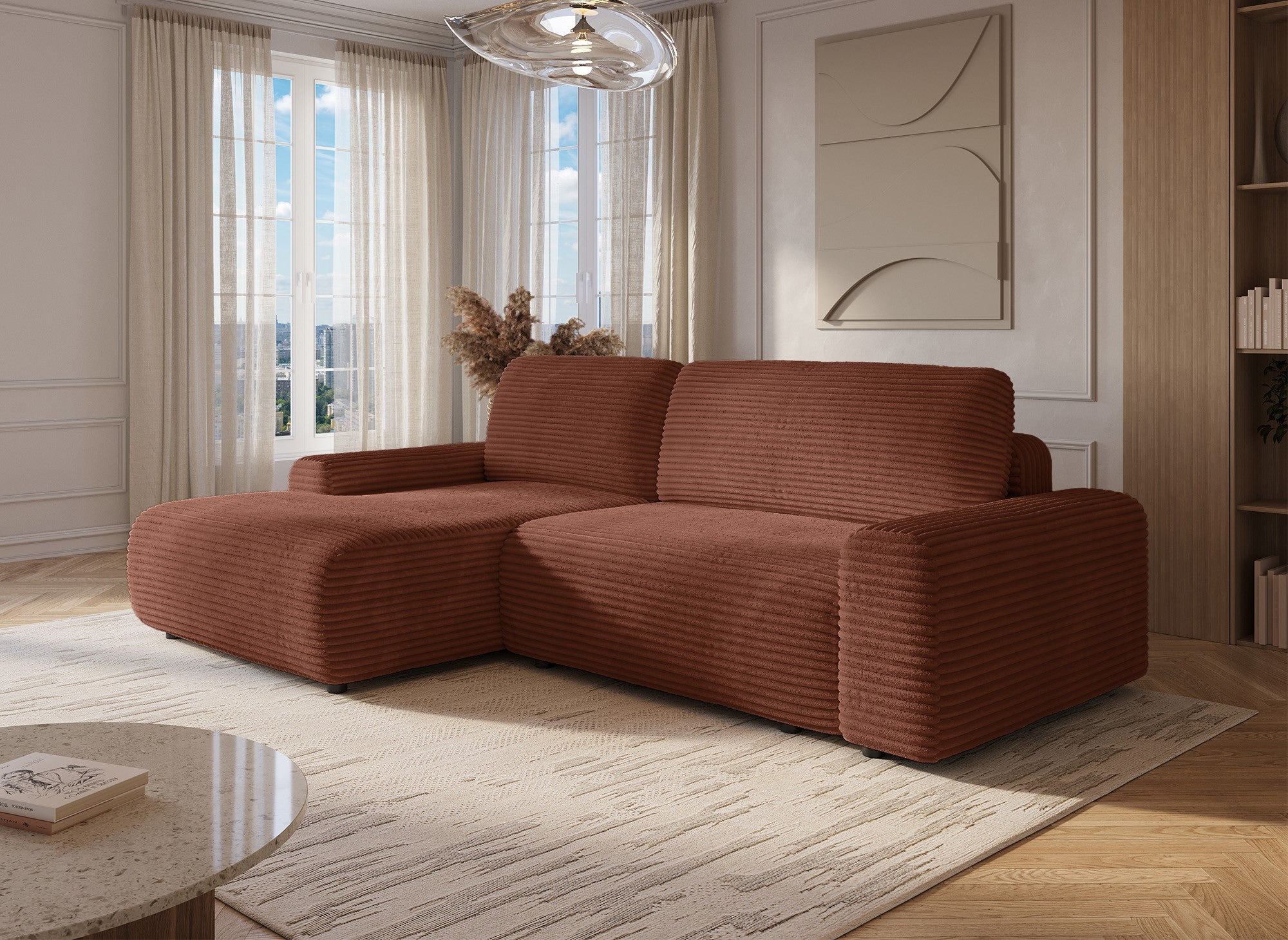 Sofá cama esquinero izquierdo BALI con almacenaje en pana gruesa color terracota - Esquinero izquierdo