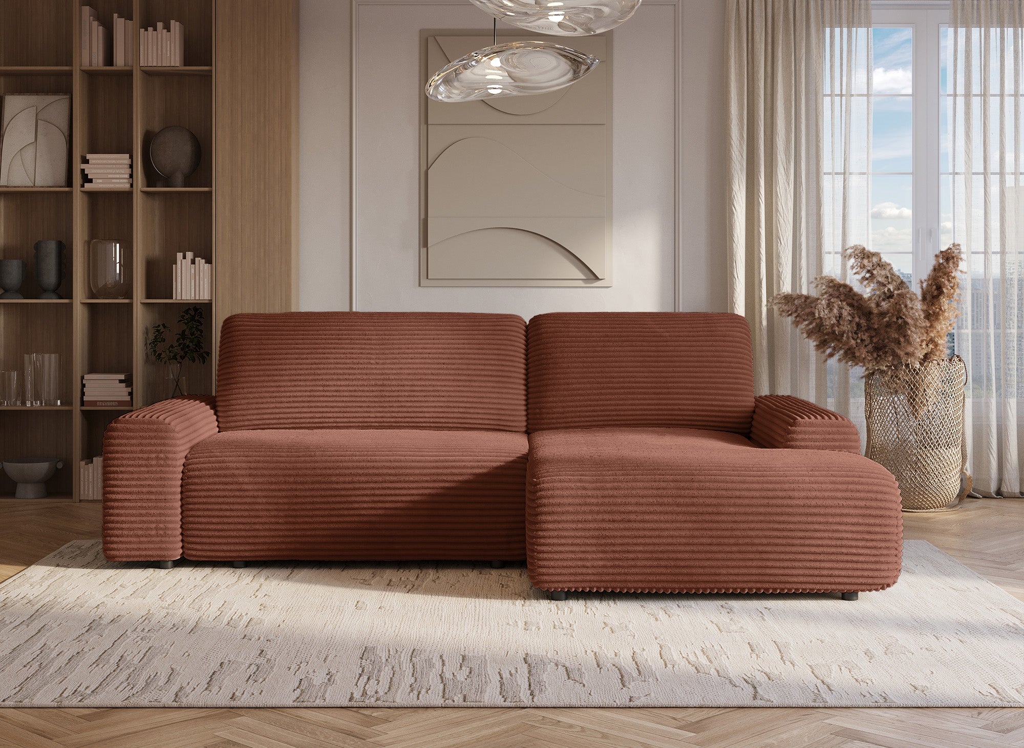 Sofá cama esquinero derecho BALI con almacenaje en pana gruesa color terracota - Esquinero derecho