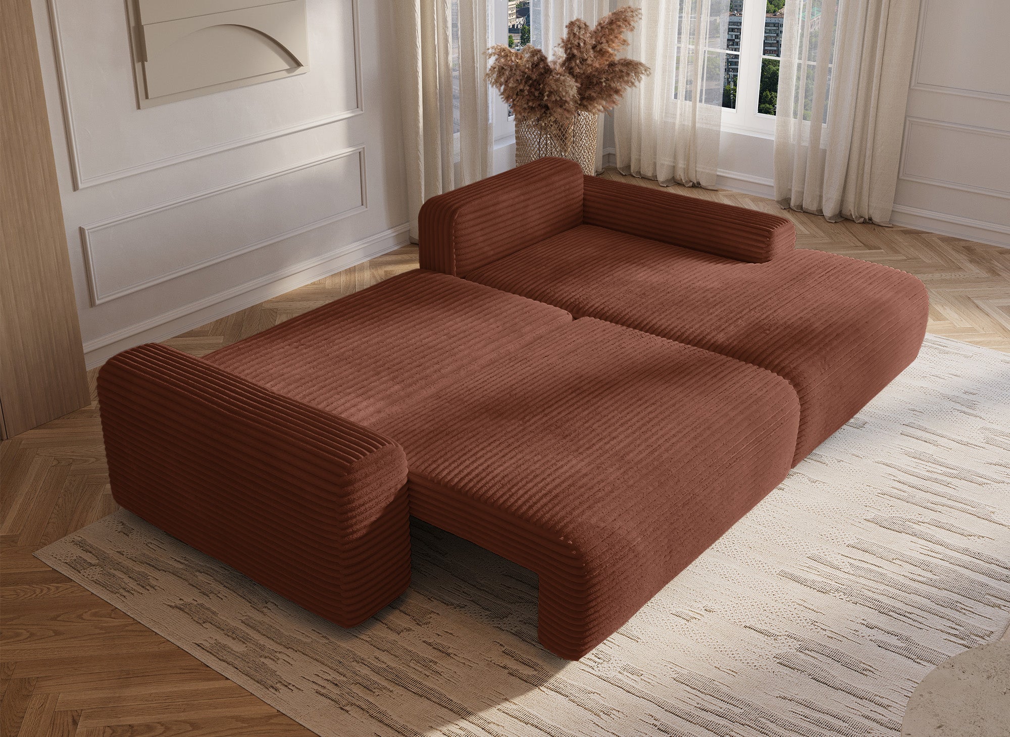 Sofá cama esquinero derecho BALI con almacenaje en pana gruesa color terracota - Esquinero derecho