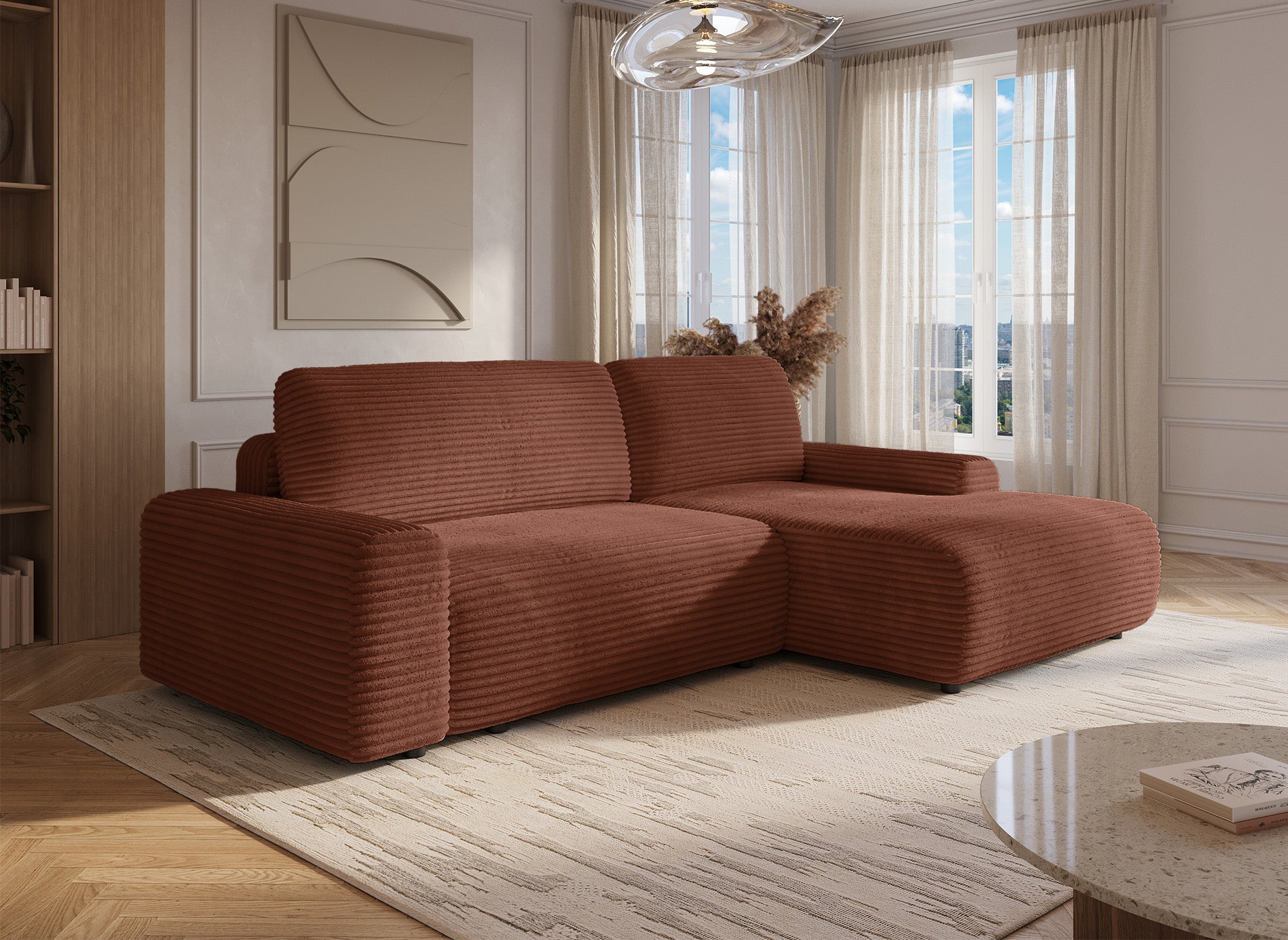 Sofá cama esquinero derecho BALI con almacenaje en pana gruesa color terracota - Esquinero derecho