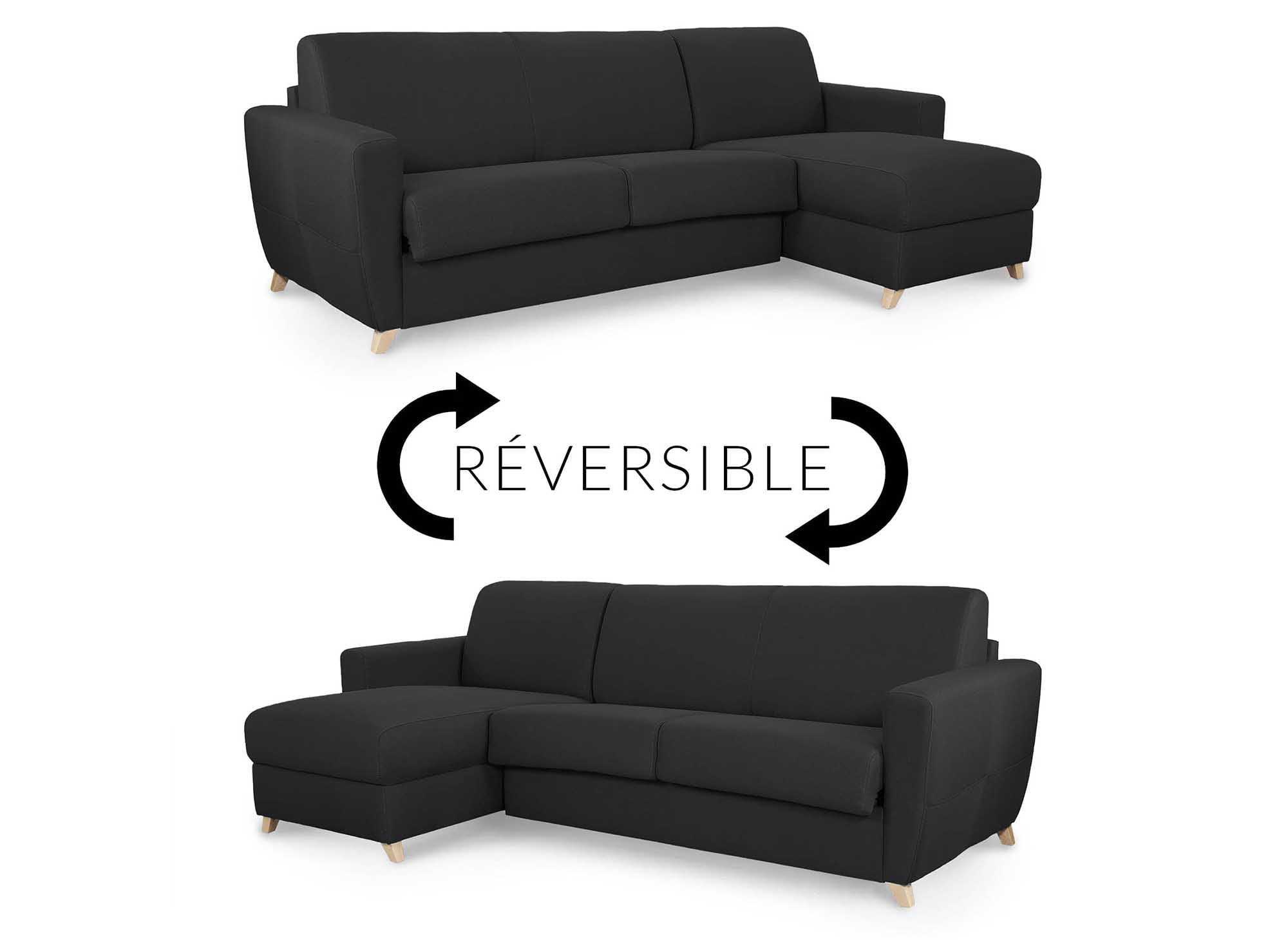 Sofá cama esquinero reversible escandinavo TOBIAS en tejido gris carbón