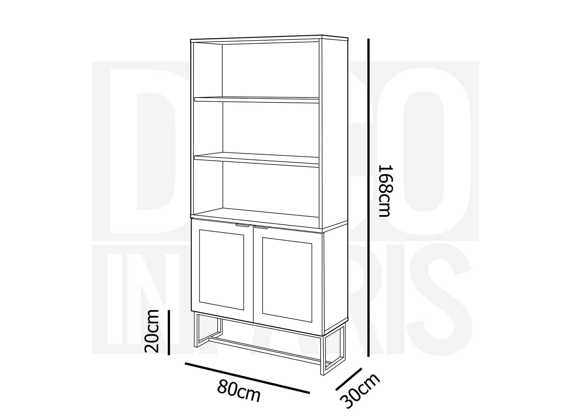 Librería escandinava TULLIO con 2 puertas y 2 estantes en madera, metal y rejilla.