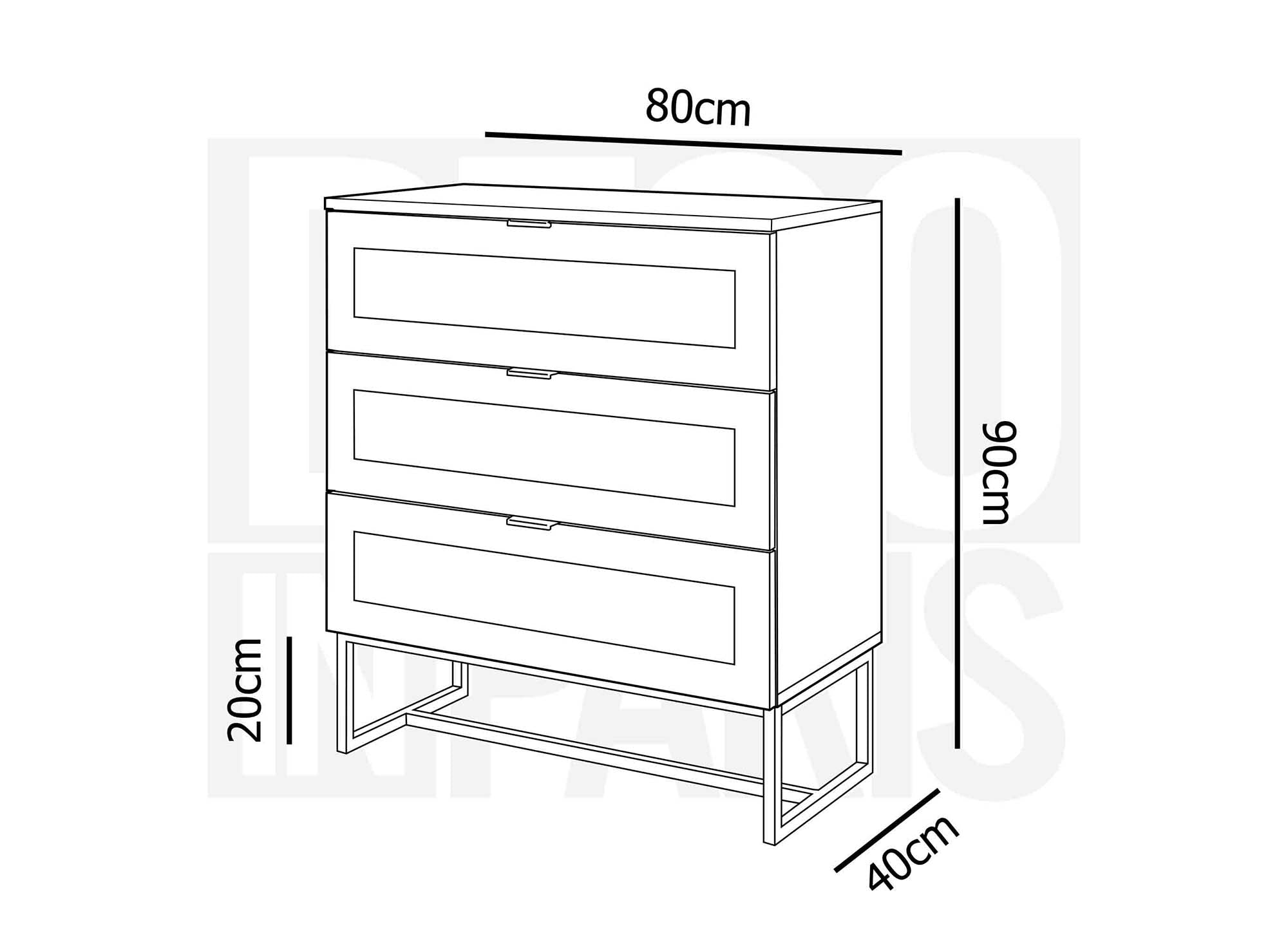 Cómoda escandinava TULLIO de 3 cajones en madera, metal y rejilla.