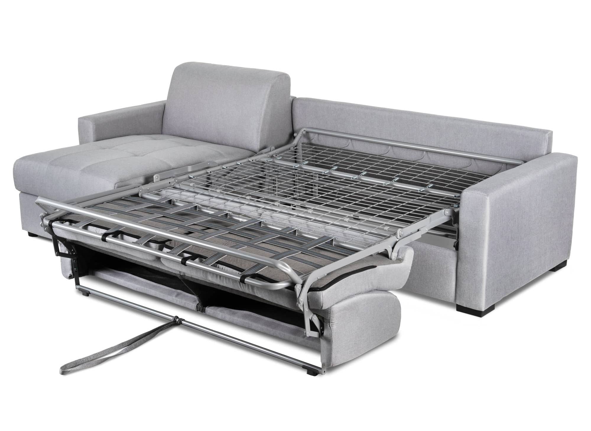 Sofá cama esquinero reversible LOUNA en tela gris con compartimento de almacenamiento
