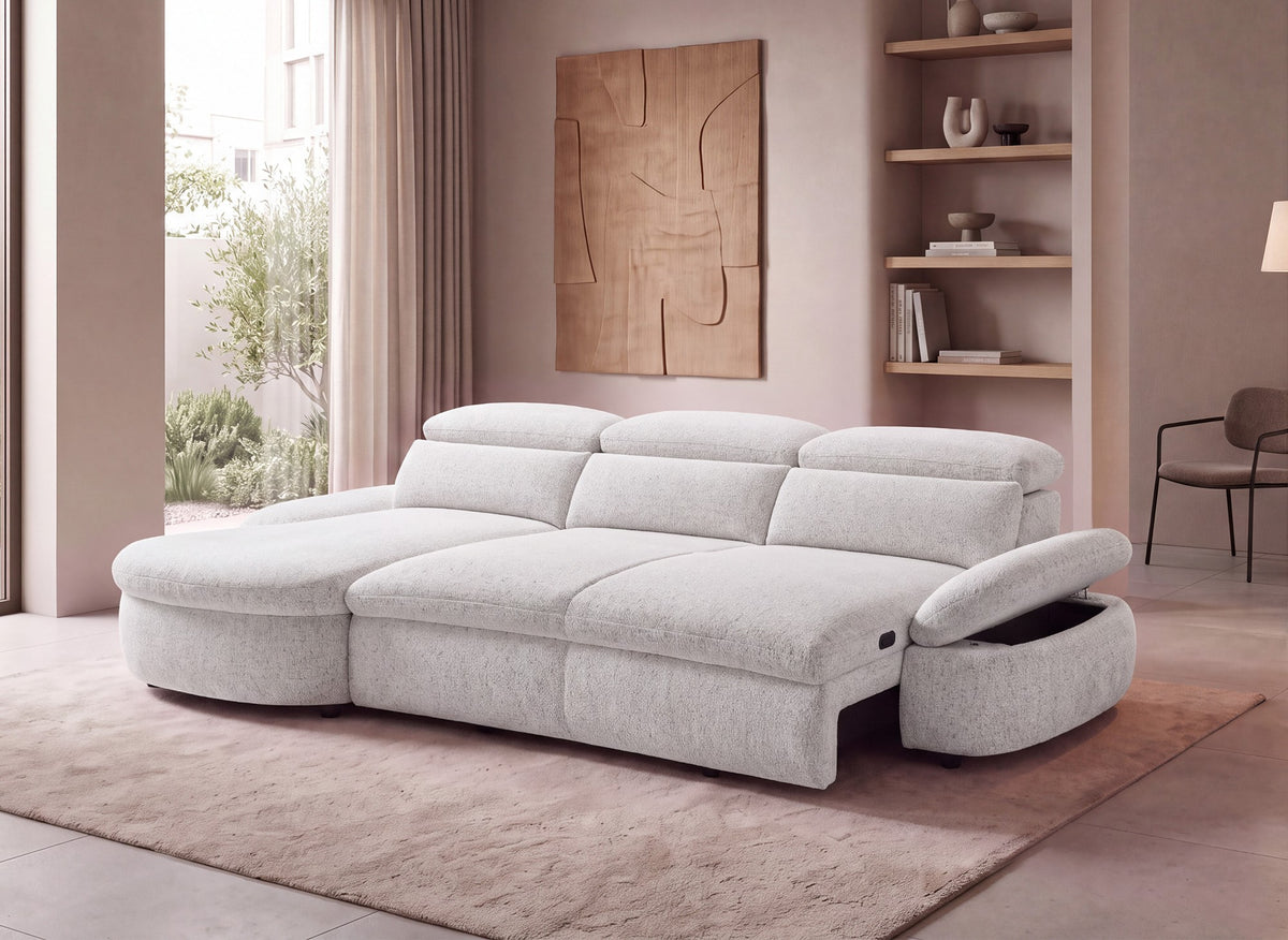 Canapé d'angle relax électrique en tissu bouclette beige CLEMENT - Angle gauche