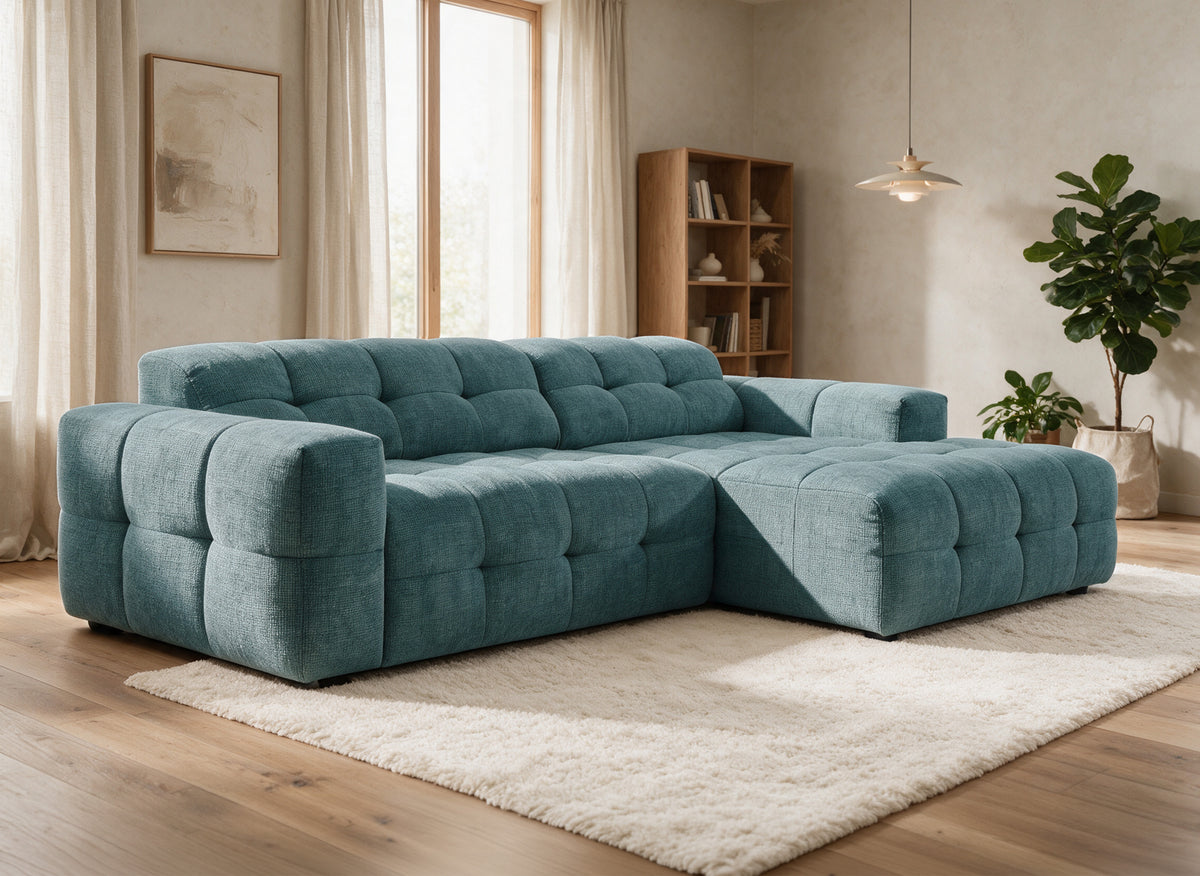 Sofá esquinero relax de terciopelo texturizado azul FEDORA - Esquina derecha