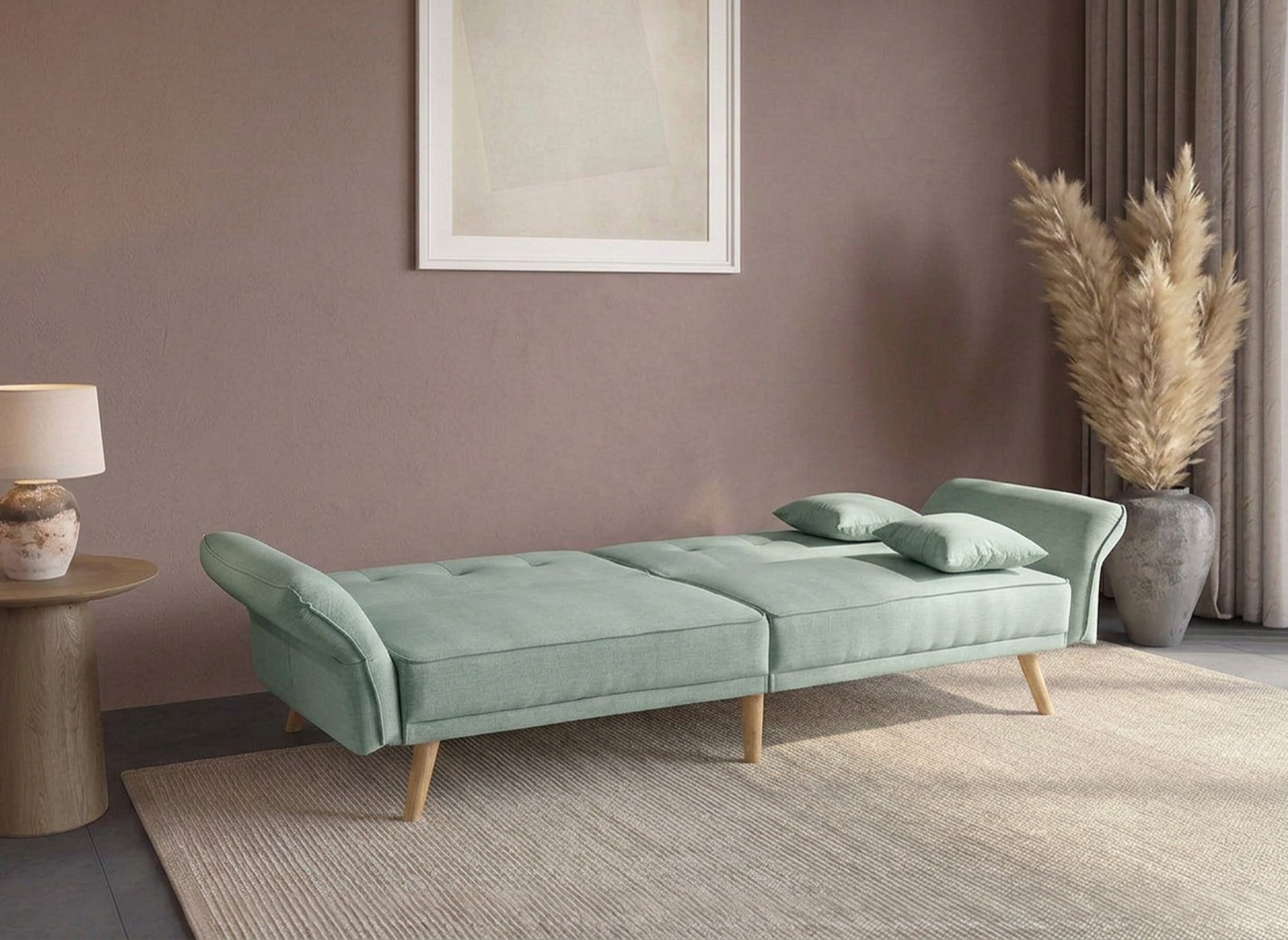 Sofá CHILI de 3 plazas con mecanismo clic-clac en tela verde agua