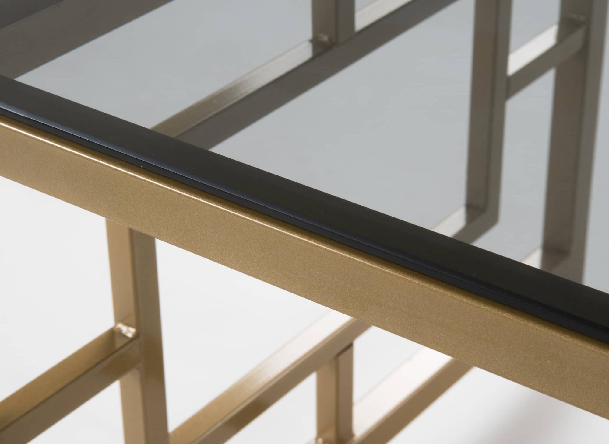 Mesa de centro rectangular de diseño PABLO en cristal negro y metal dorado