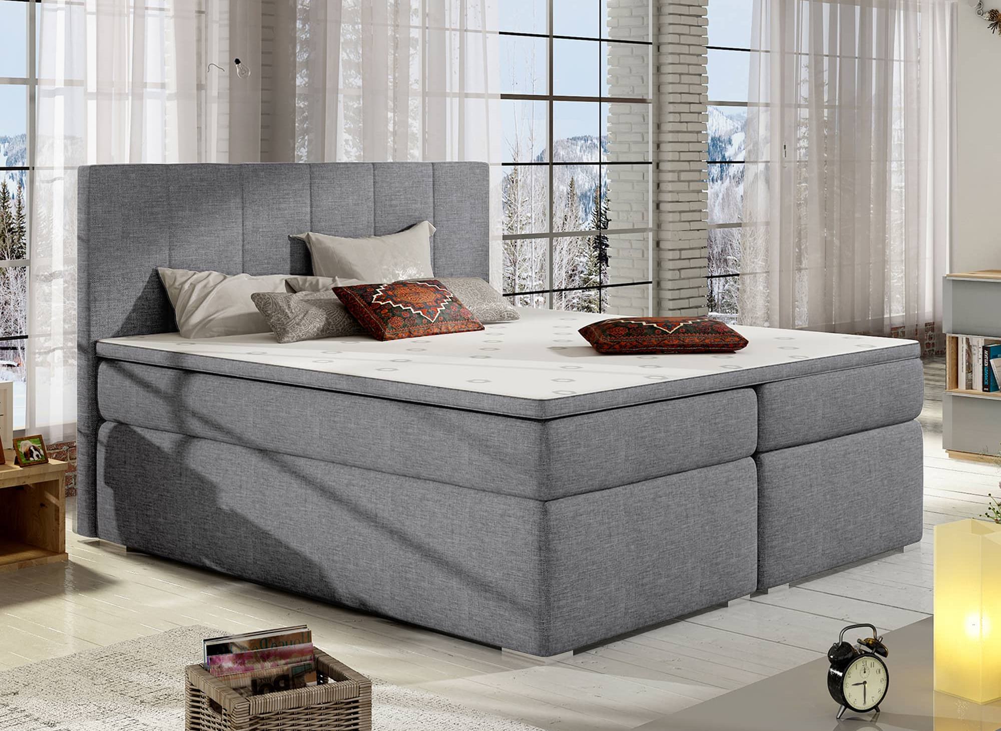 Cama con somier AKADIA de 160x200 con compartimento de almacenaje en tela gris