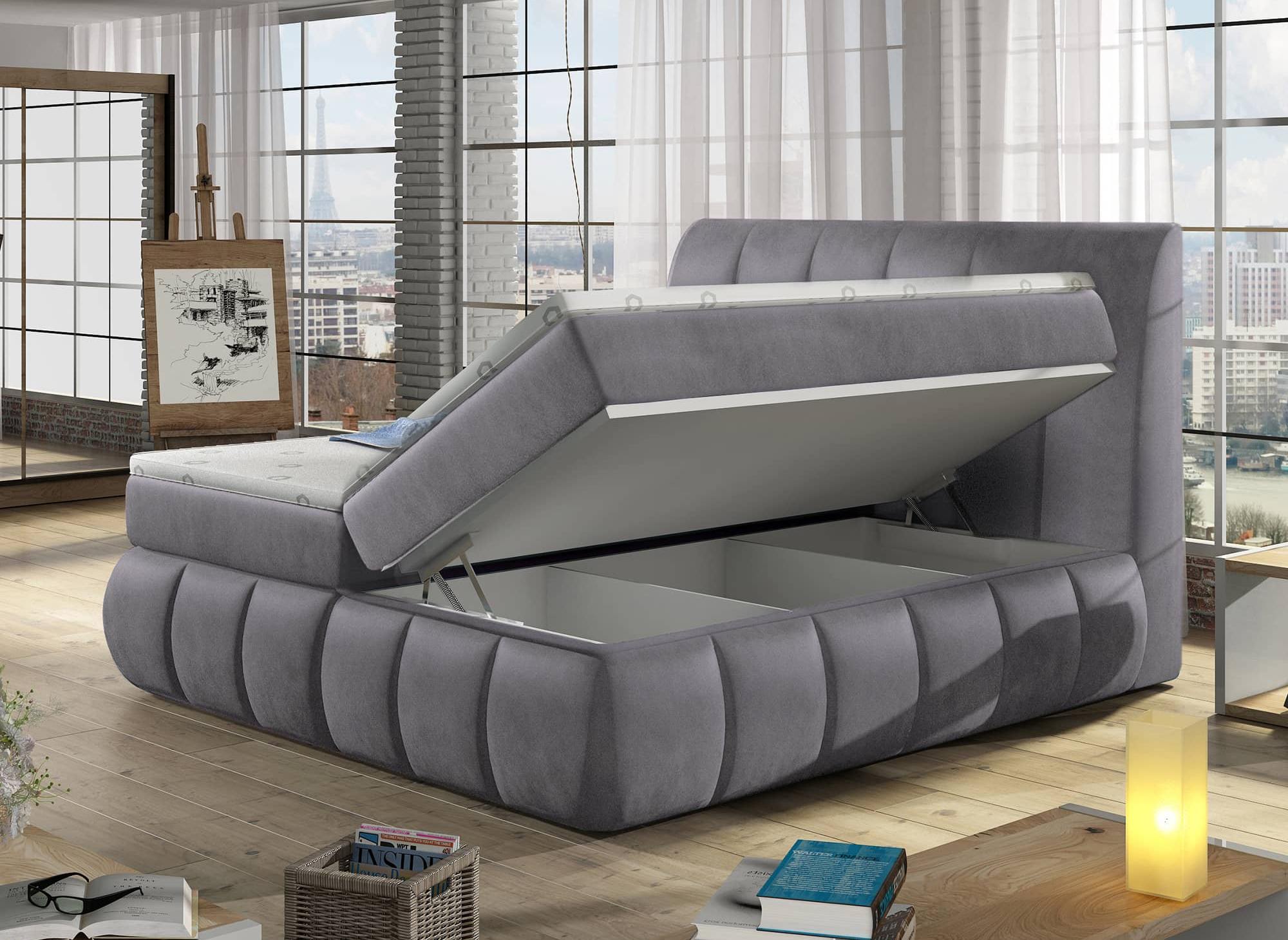 Cama con somier de 160x200 con compartimento de almacenaje en terciopelo gris - VALERIA