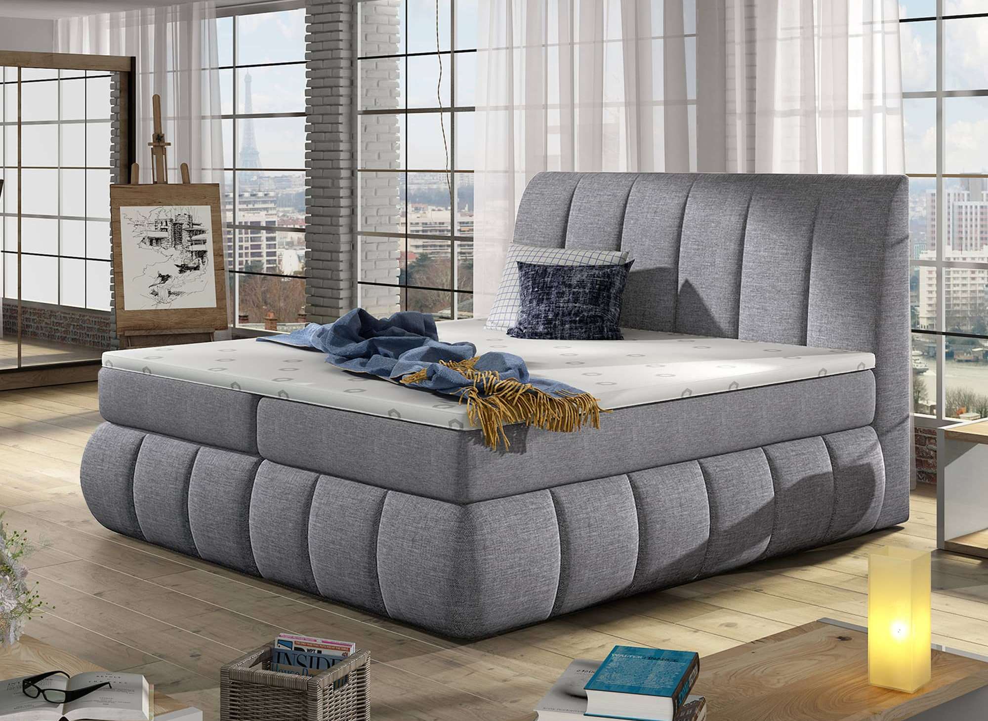 Cama con somier de 180x200 con compartimento de almacenaje en tela gris - VALERIA