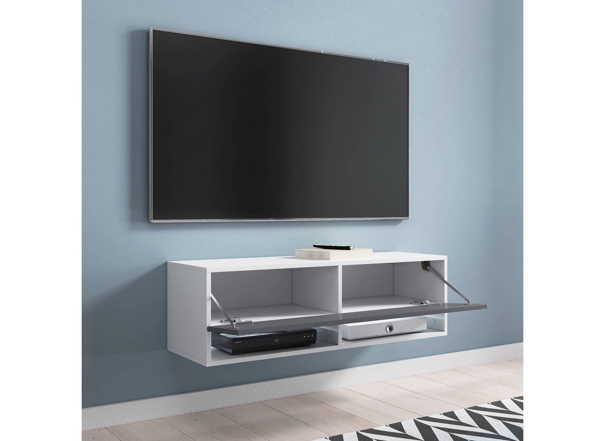 Mueble de TV mural ROMANE con 1 puerta y 2 estantes, blanco y gris - 100 cm