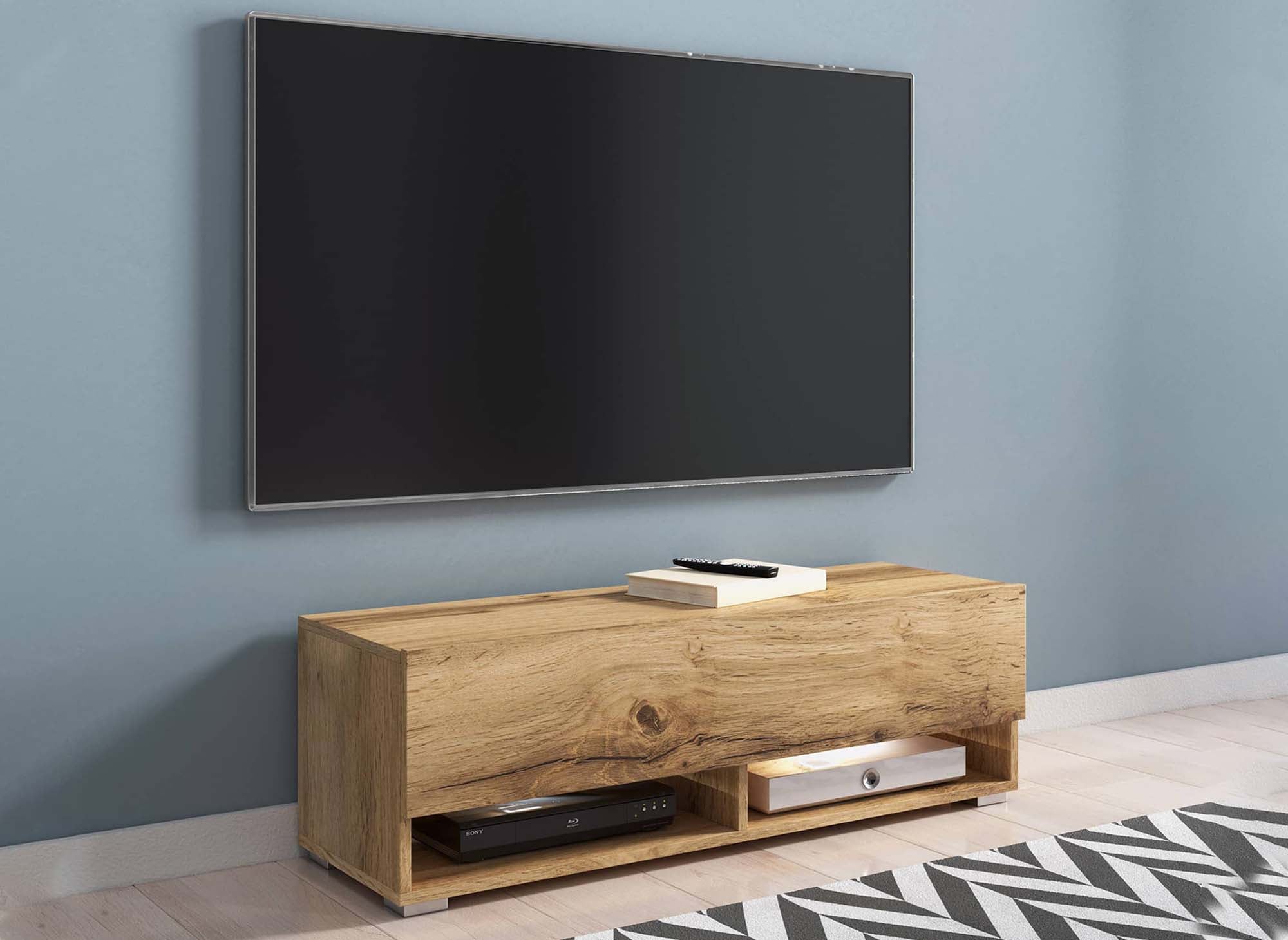 Mueble de TV mural ROMANE de roble con 1 puerta y 2 estantes - 100 cm