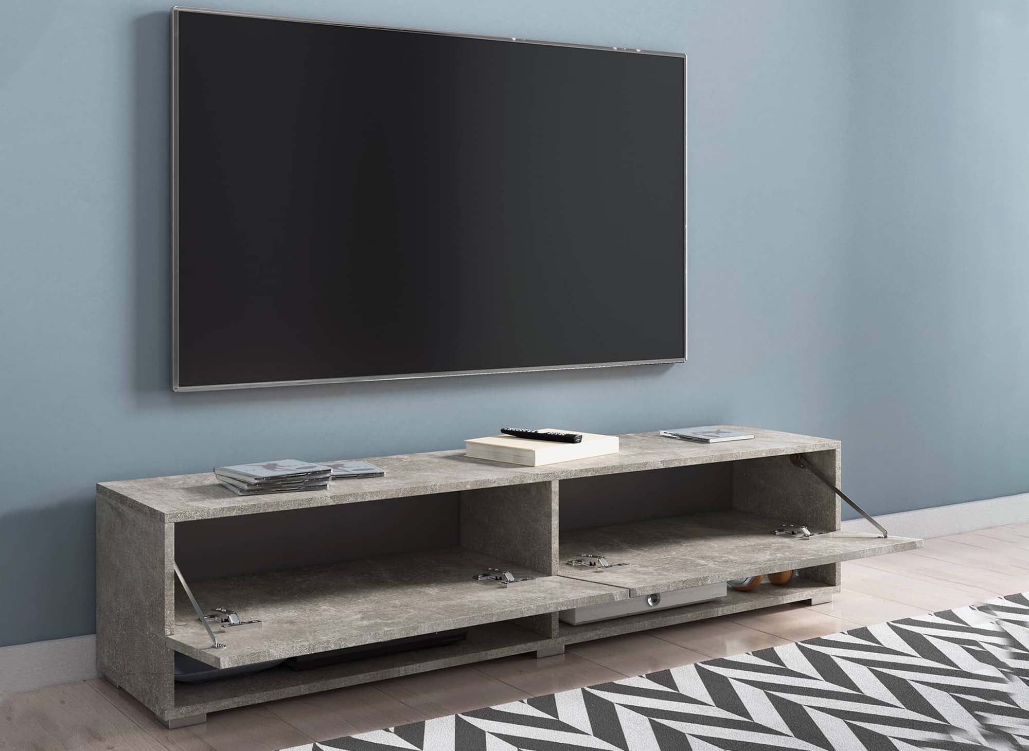Mueble de TV mural ROMANE XL con 2 puertas y 2 nichos, gris hormigón - 140 cm