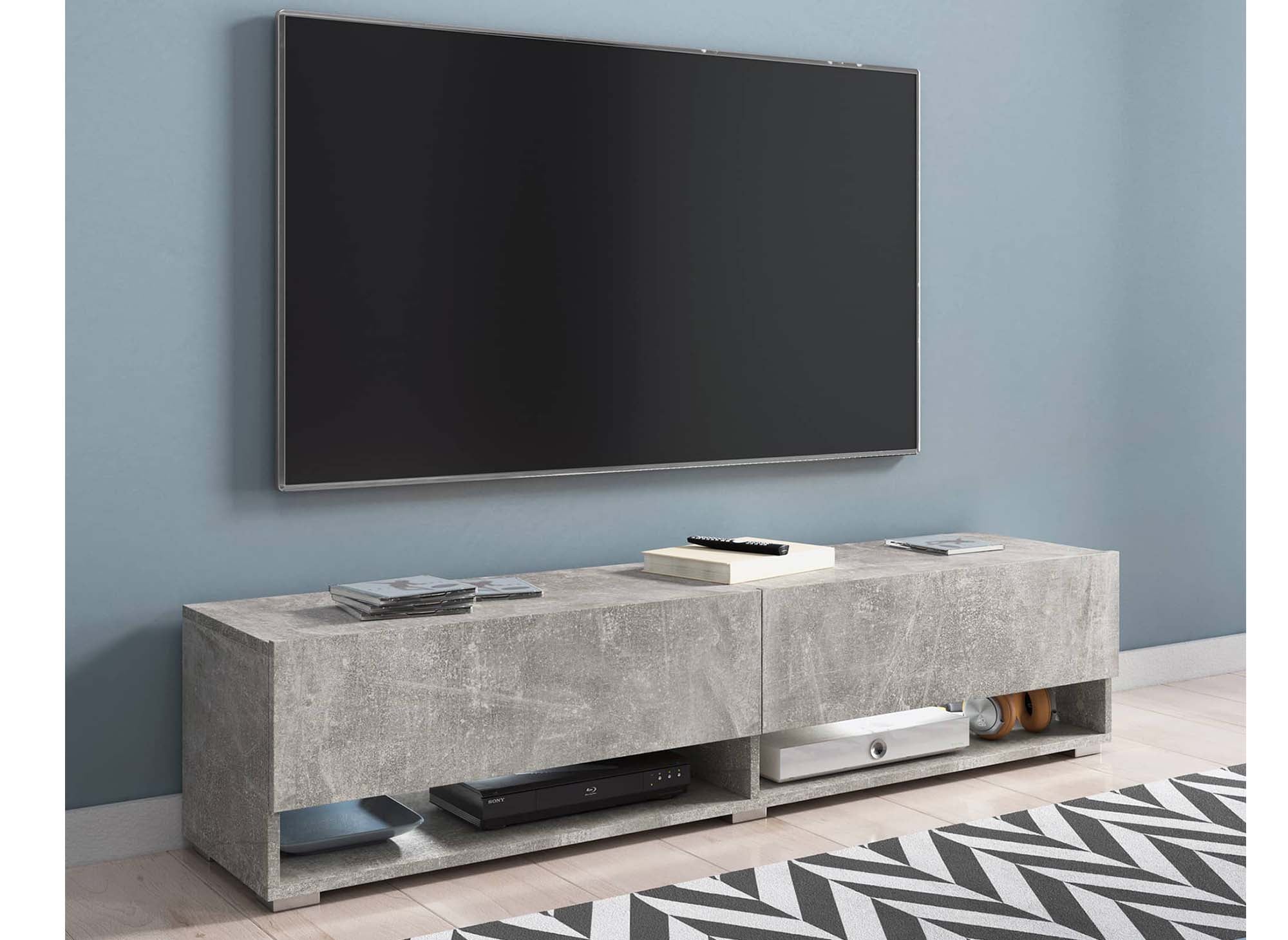 Mueble de TV mural ROMANE XL con 2 puertas y 2 nichos, gris hormigón - 140 cm