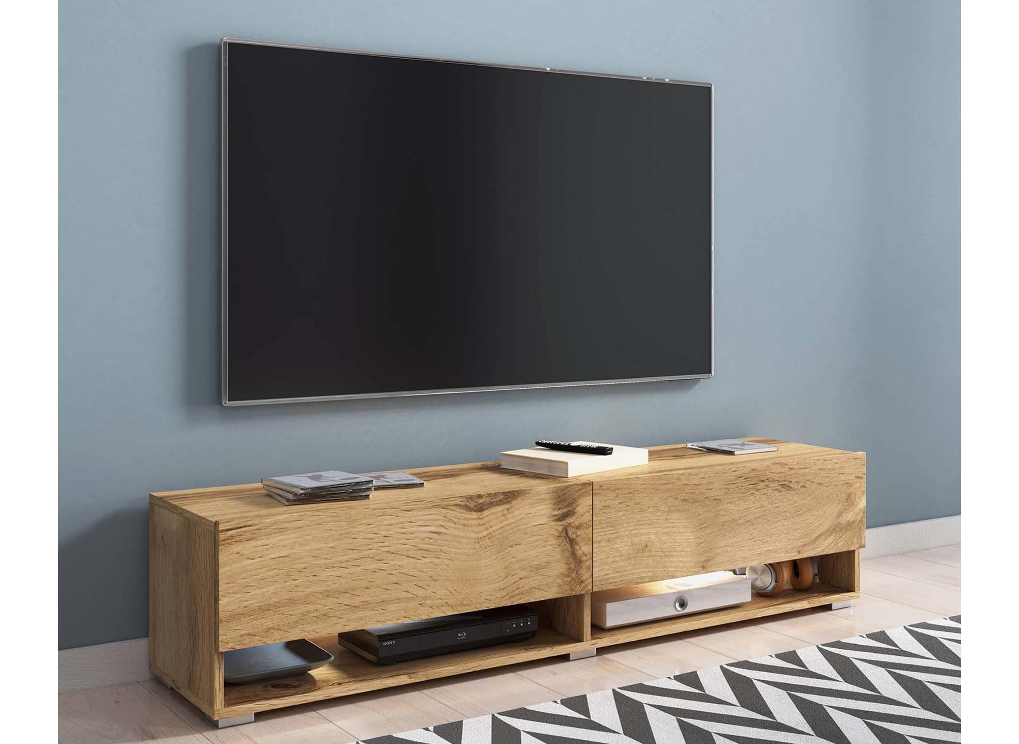 Mueble de TV mural ROMANE XL de roble, con 2 puertas y 2 estantes - 140 cm