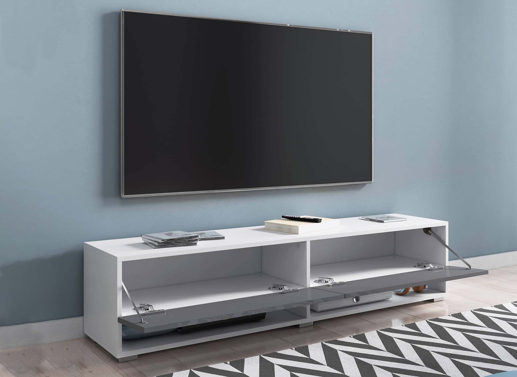 Mueble de TV mural ROMANE XL con 2 puertas y 2 estantes, blanco y gris - 140 cm