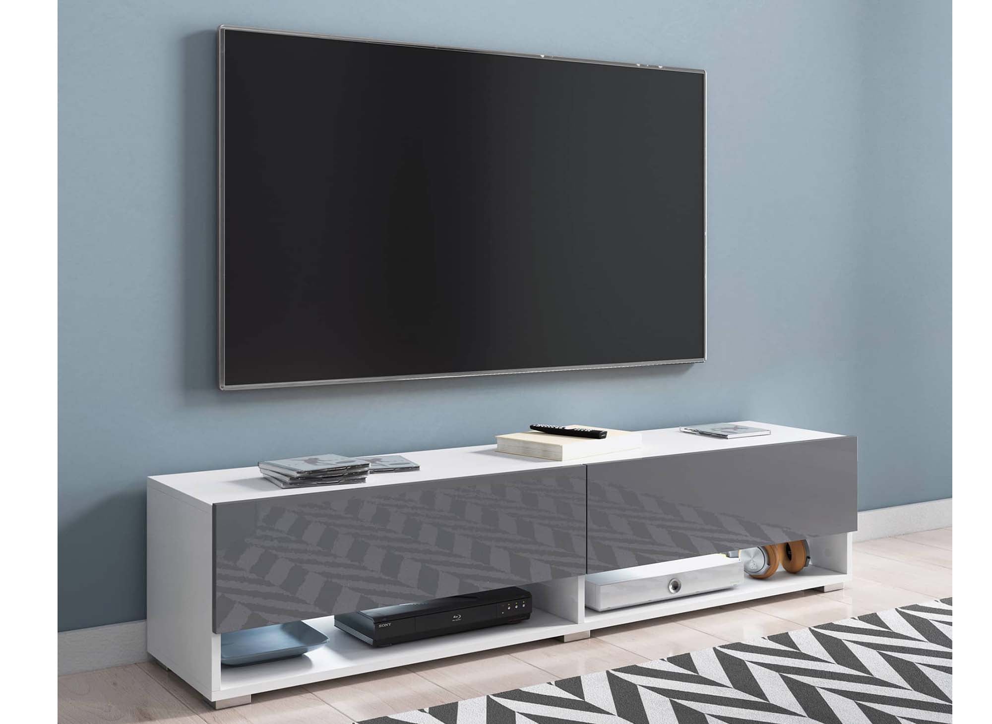 Mueble de TV mural ROMANE XL con 2 puertas y 2 estantes, blanco y gris - 140 cm