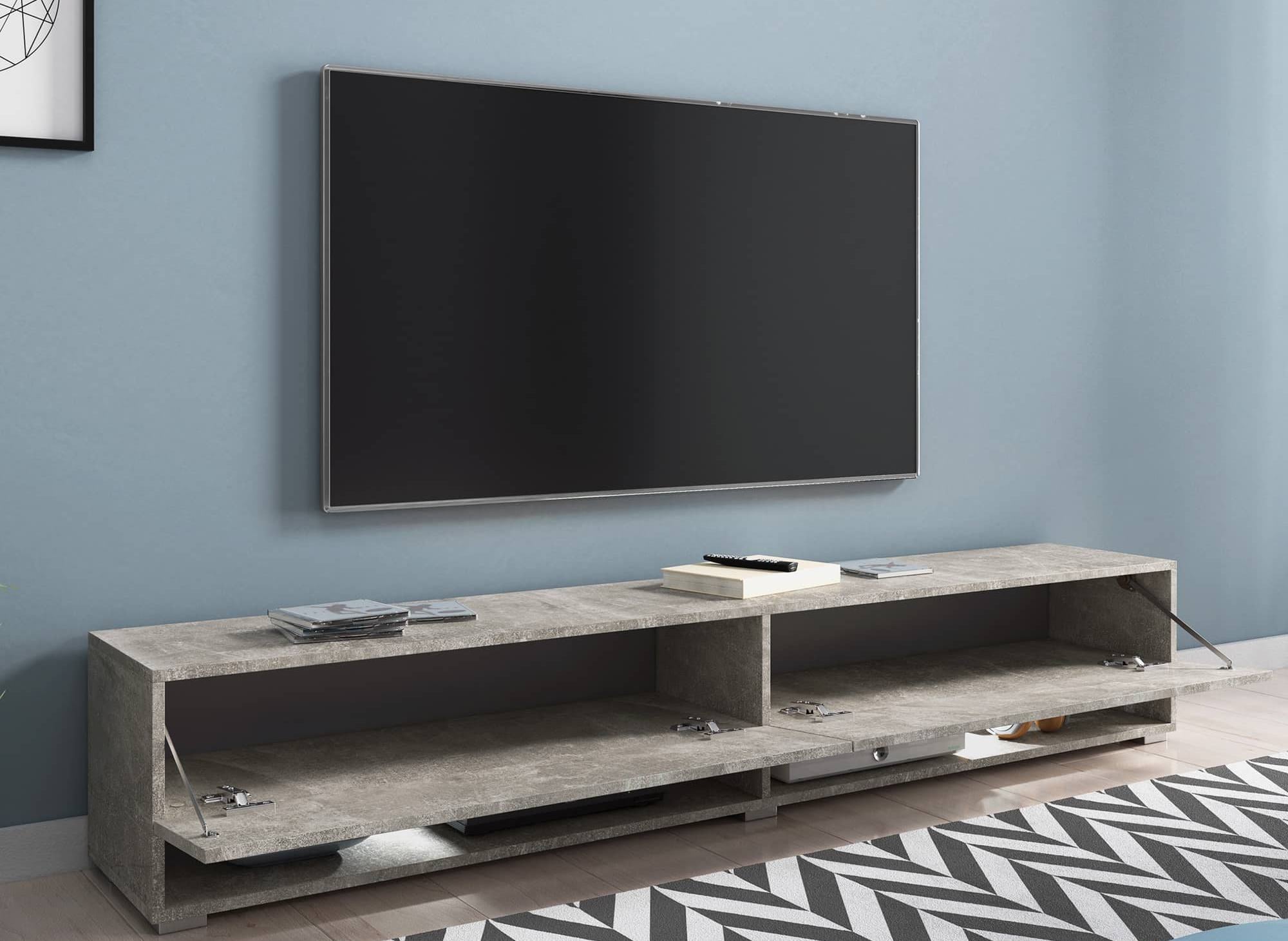 Mueble de TV mural ROMANE XXL con 2 puertas y 2 nichos, gris hormigón - 180 cm