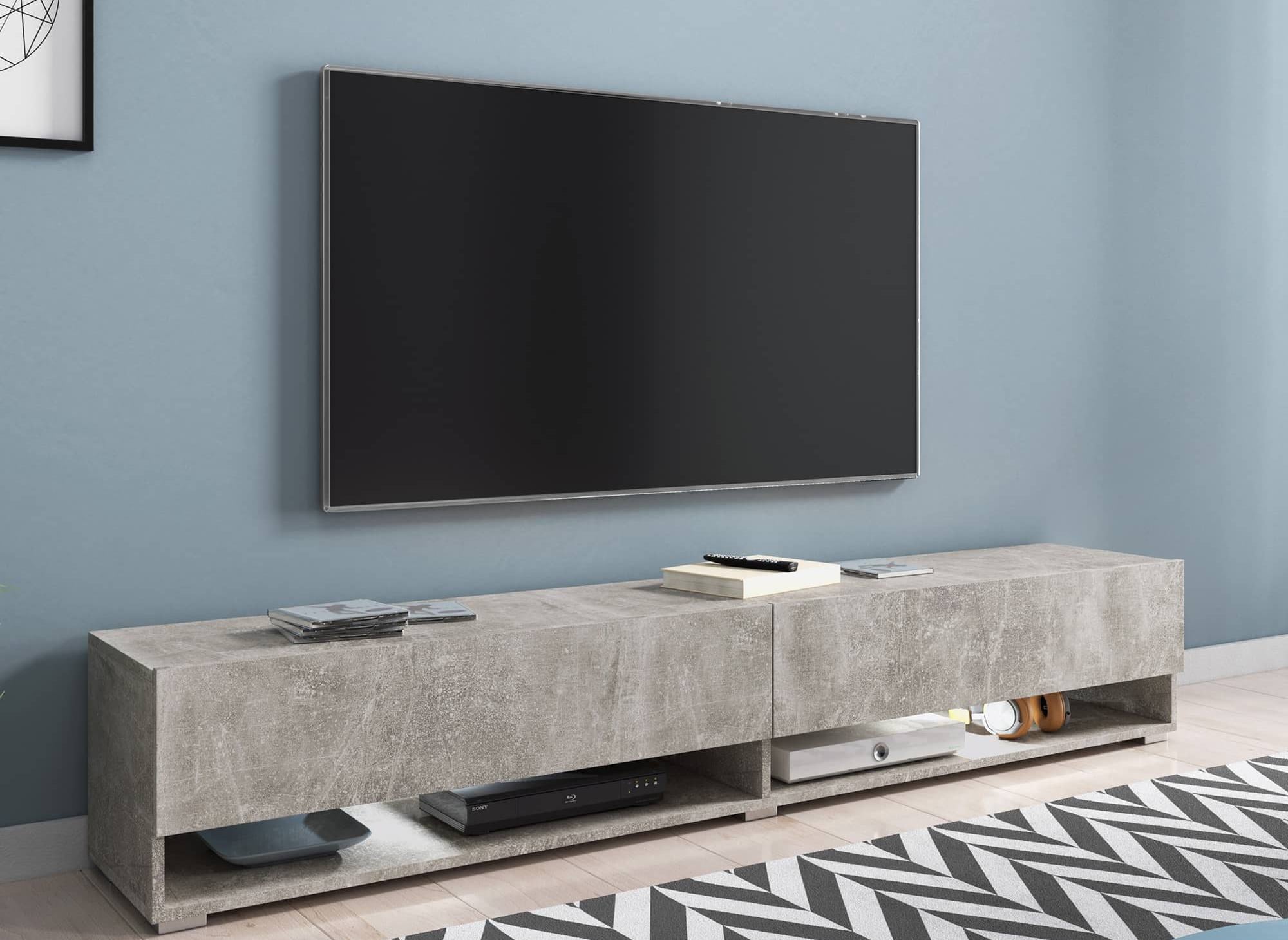 Mueble de TV mural ROMANE XXL con 2 puertas y 2 nichos, gris hormigón - 180 cm