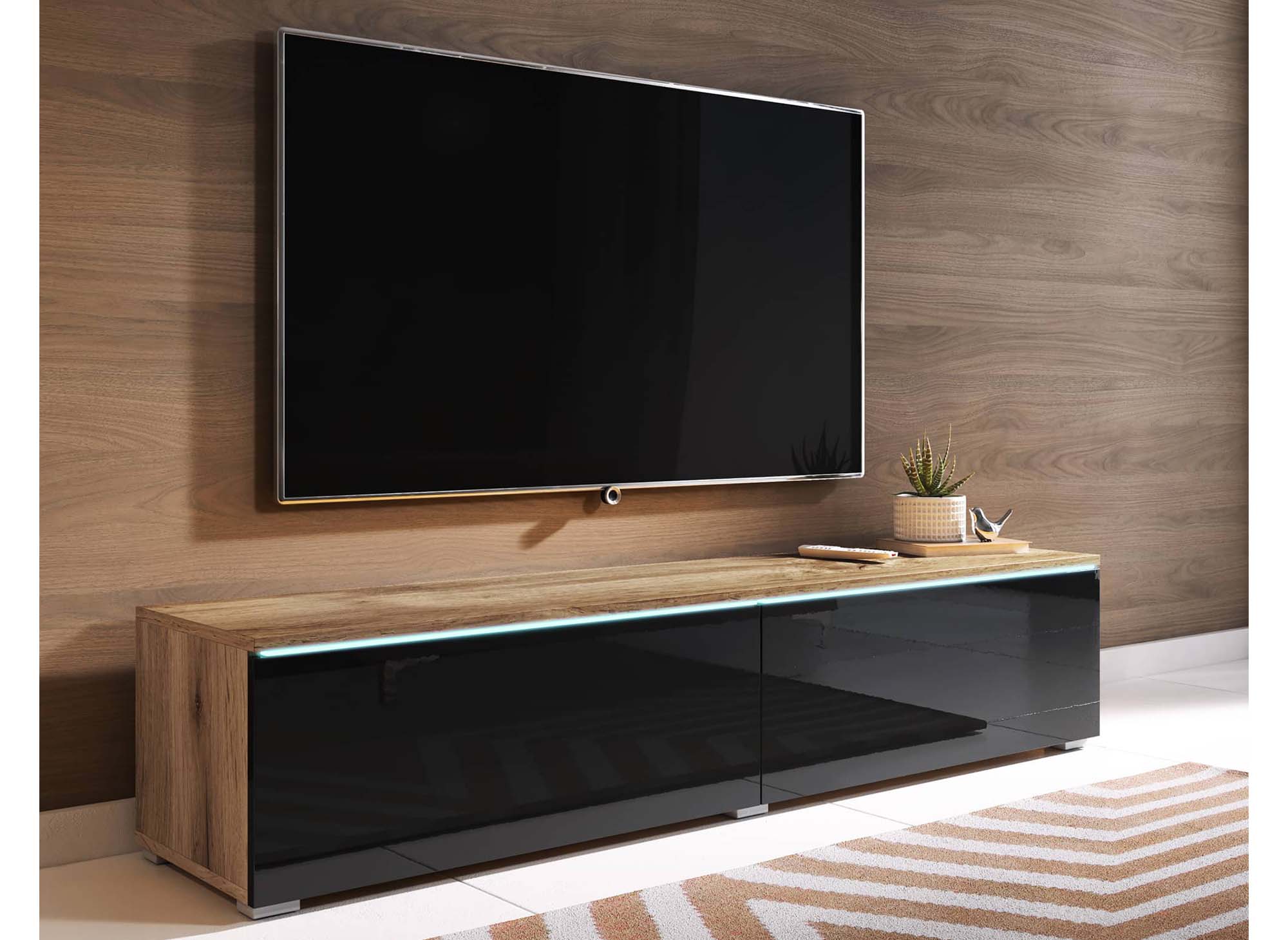 Mueble de TV MALORIE en roble envejecido y laca negra con iluminación LED y 2 puertas - 140 cm