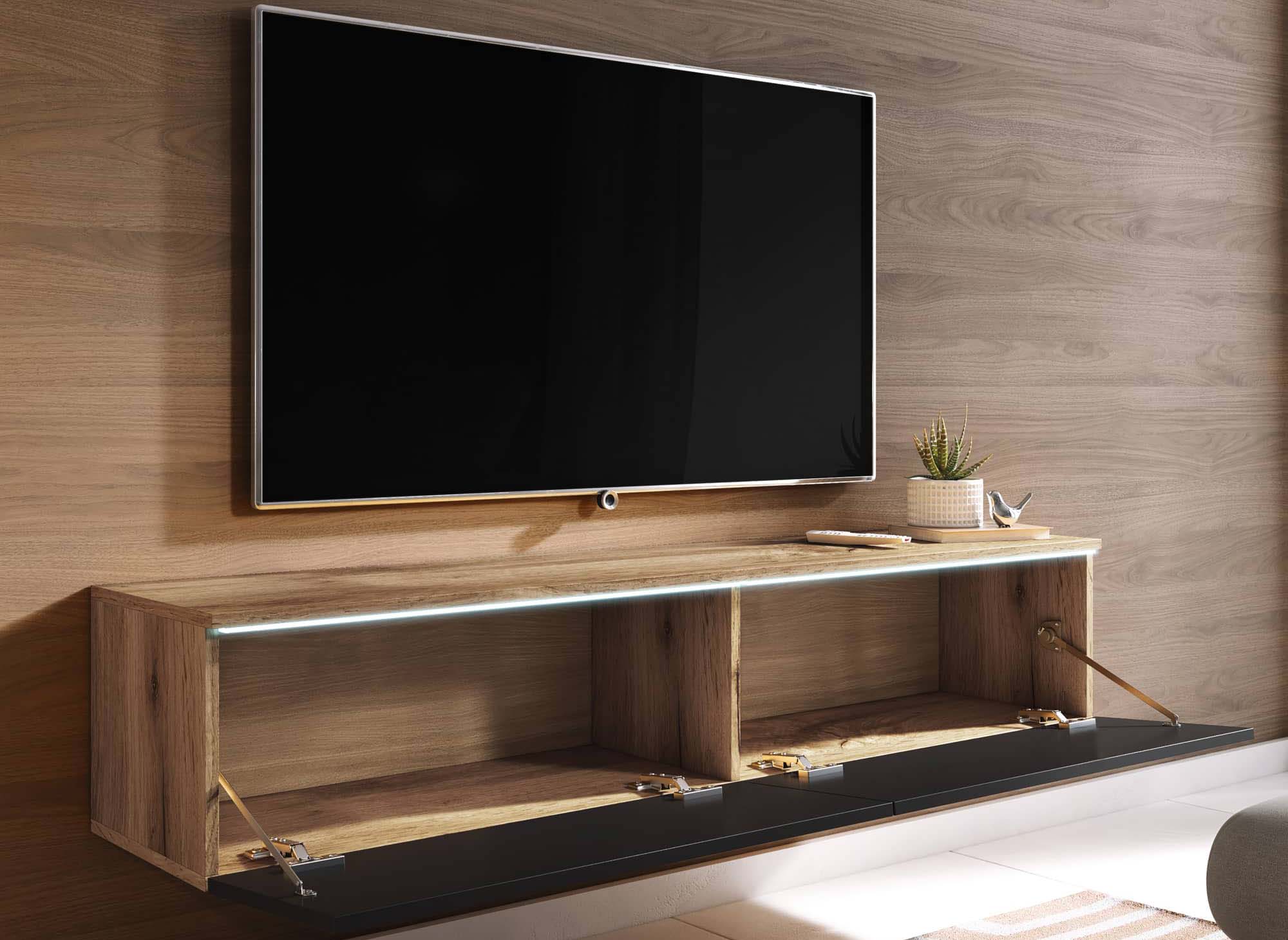 Mueble de TV MALORIE en roble envejecido y laca negra con iluminación LED y 2 puertas - 140 cm