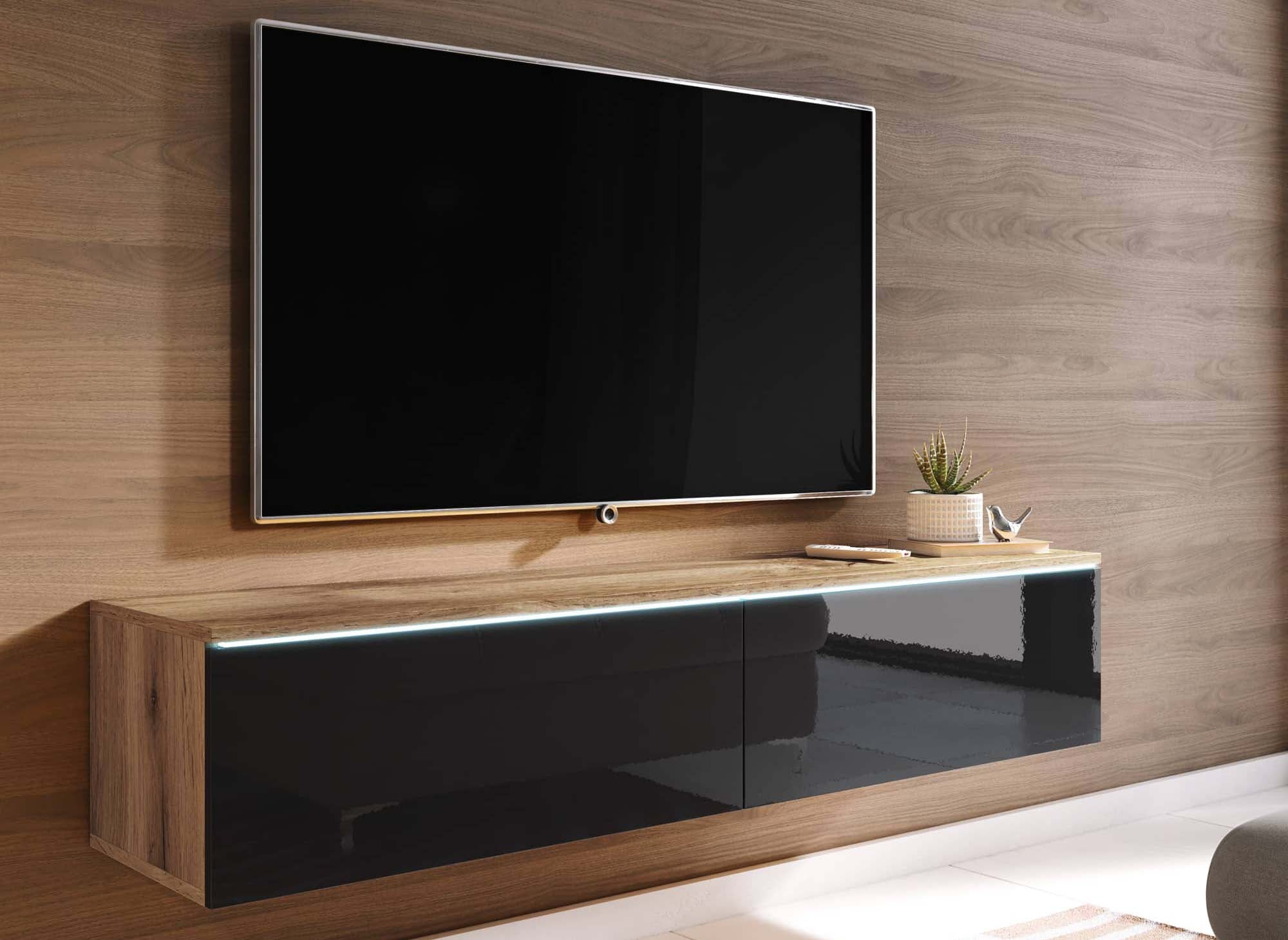 Mueble de TV MALORIE en roble envejecido y laca negra con iluminación LED y 2 puertas - 140 cm