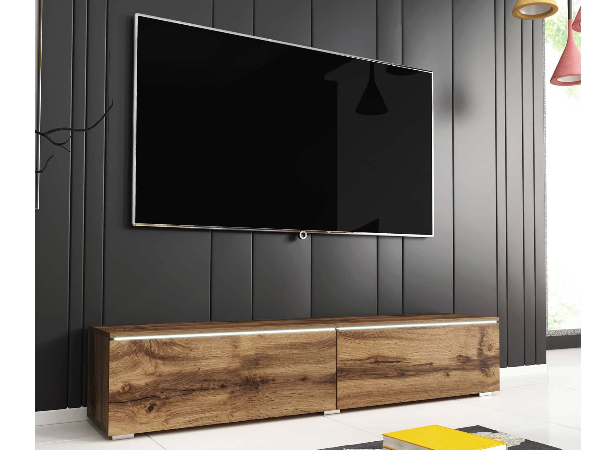 Mueble de TV MALORIE de roble contemporáneo con iluminación LED y 2 puertas - 140 cm