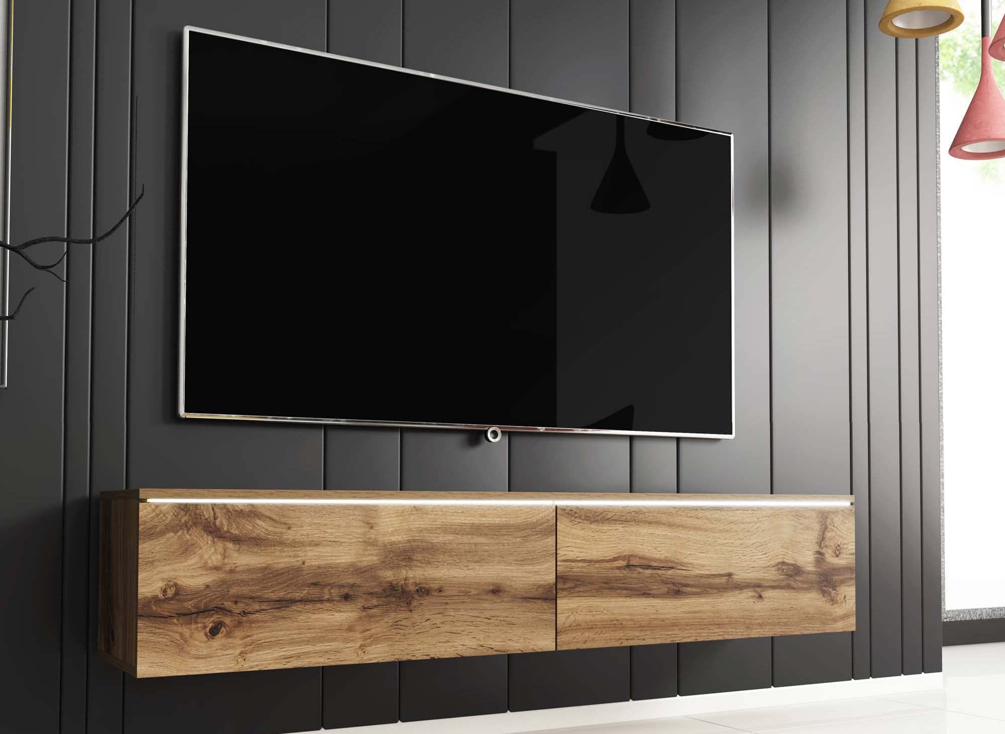 Mueble de TV MALORIE de roble contemporáneo con iluminación LED y 2 puertas - 140 cm