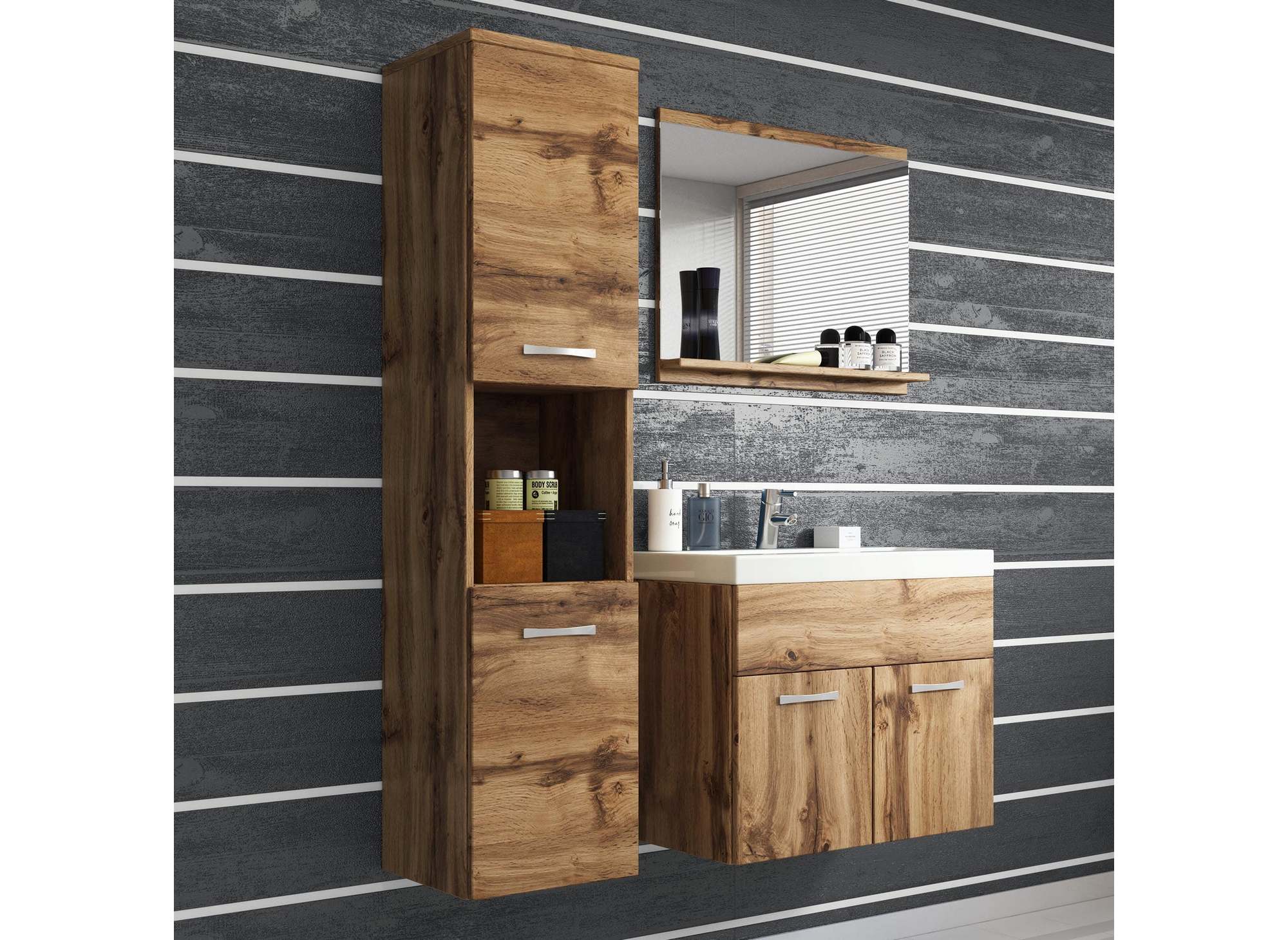 Conjunto de muebles de baño de pared HARMONY - Efecto madera envejecida