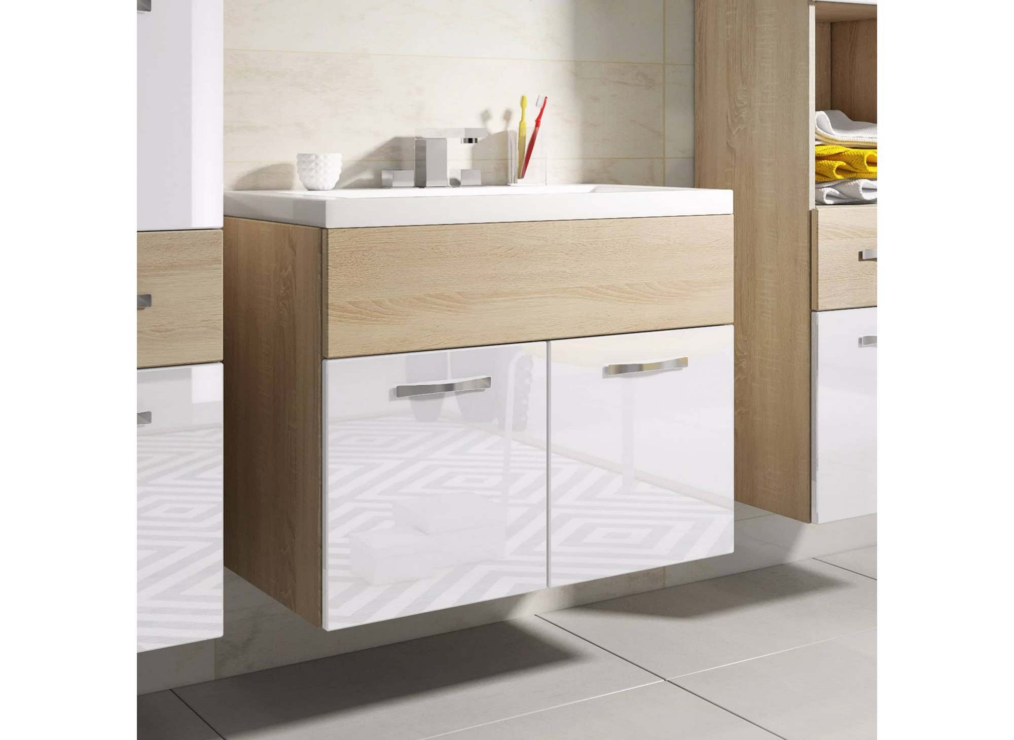 Conjunto de muebles de baño suspendidos - Madera y blanco SHELBY