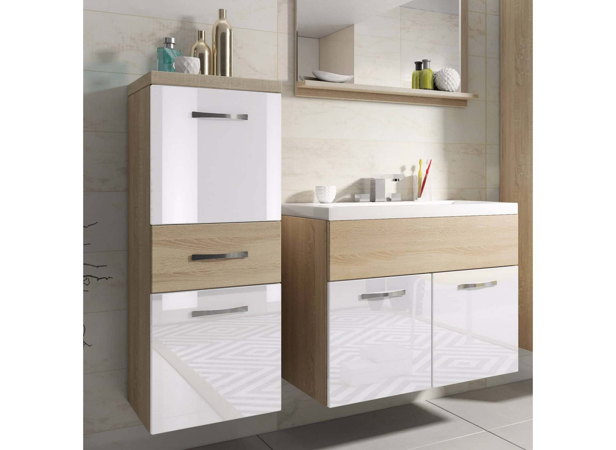 Conjunto de muebles de baño suspendidos - Madera y blanco SHELBY