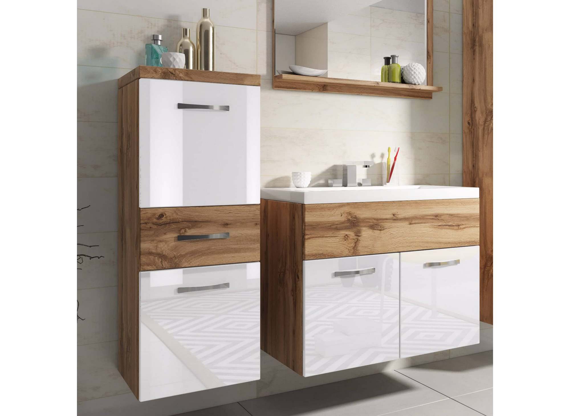 Conjunto de muebles de baño suspendidos - Madera envejecida y blanco SHELBY